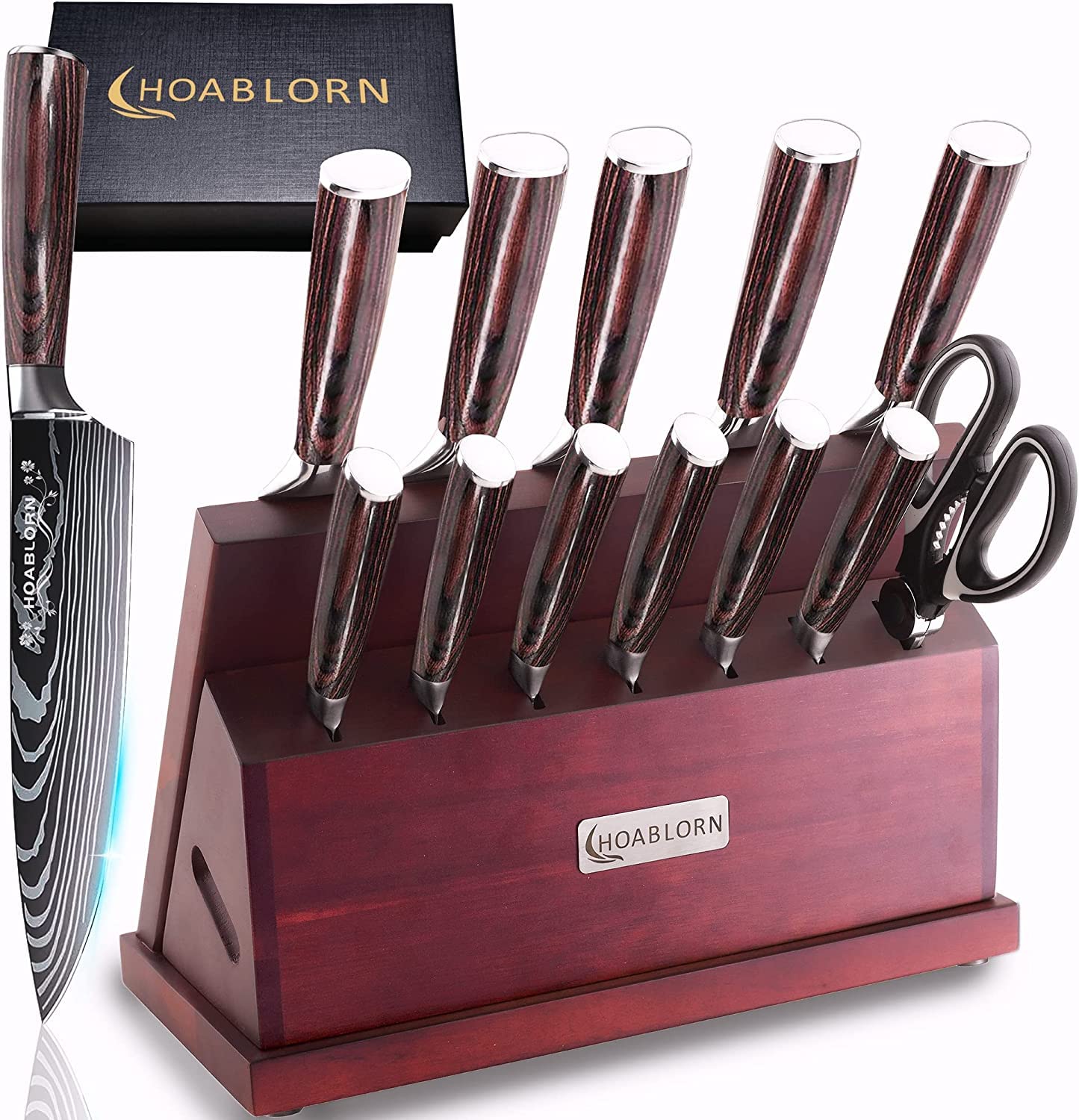 HOABLORN Luxury 19-Piece Magnetic Knife Block Set - Damascus German Stainless Steel Kitchen Knives with Acacia Wood Holder - Perfect for Professional Chefs & Home Cooking Enthusiasts - Ideal for Meal Prep, Slicing, Dicing & Gourmet Cooking