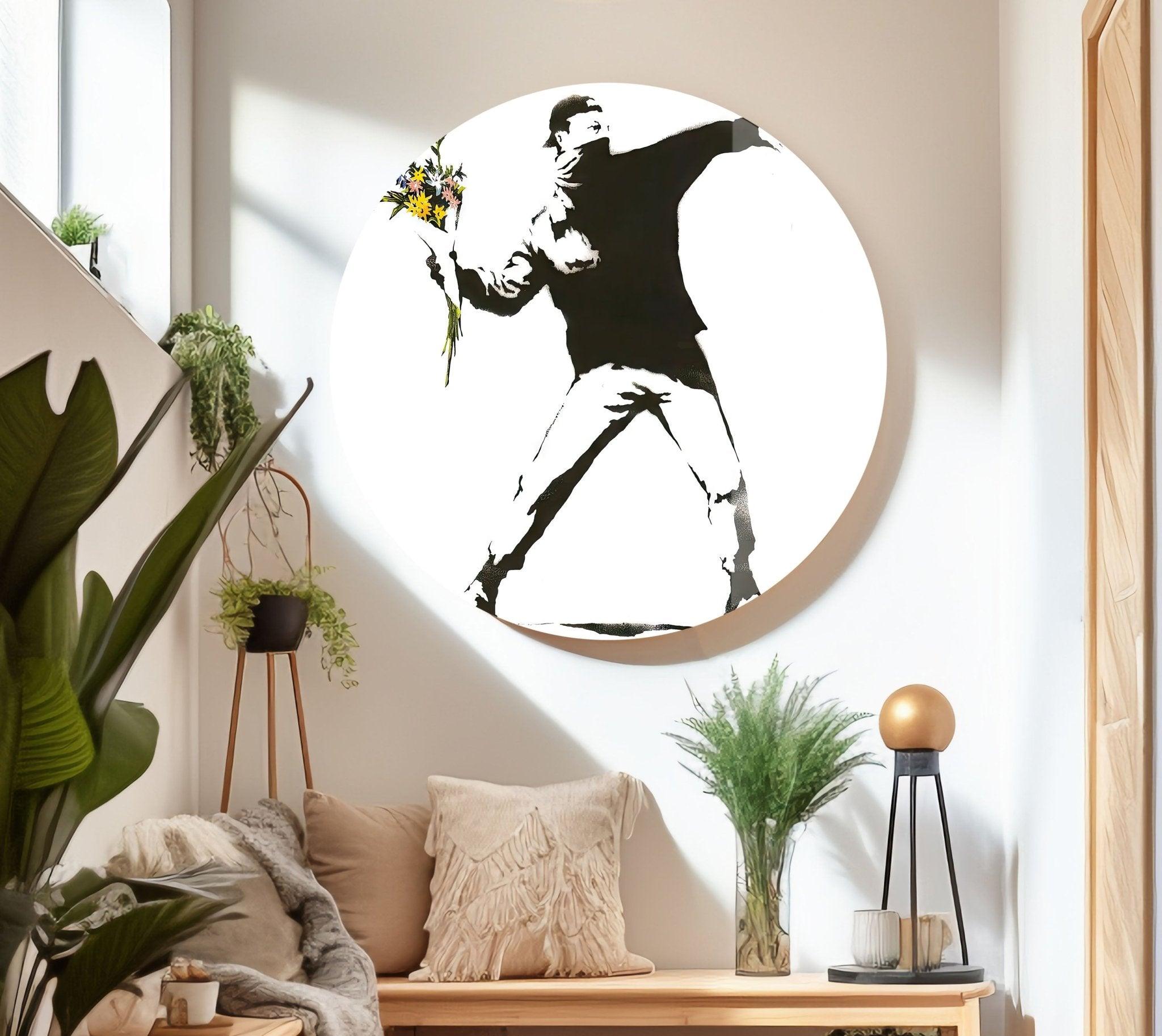 Banksy Flower Thrower Glass Wall Art - Stunning Framed Home Decor for Living Room, Bedroom & Office - Unique Gift Idea for Art Lovers