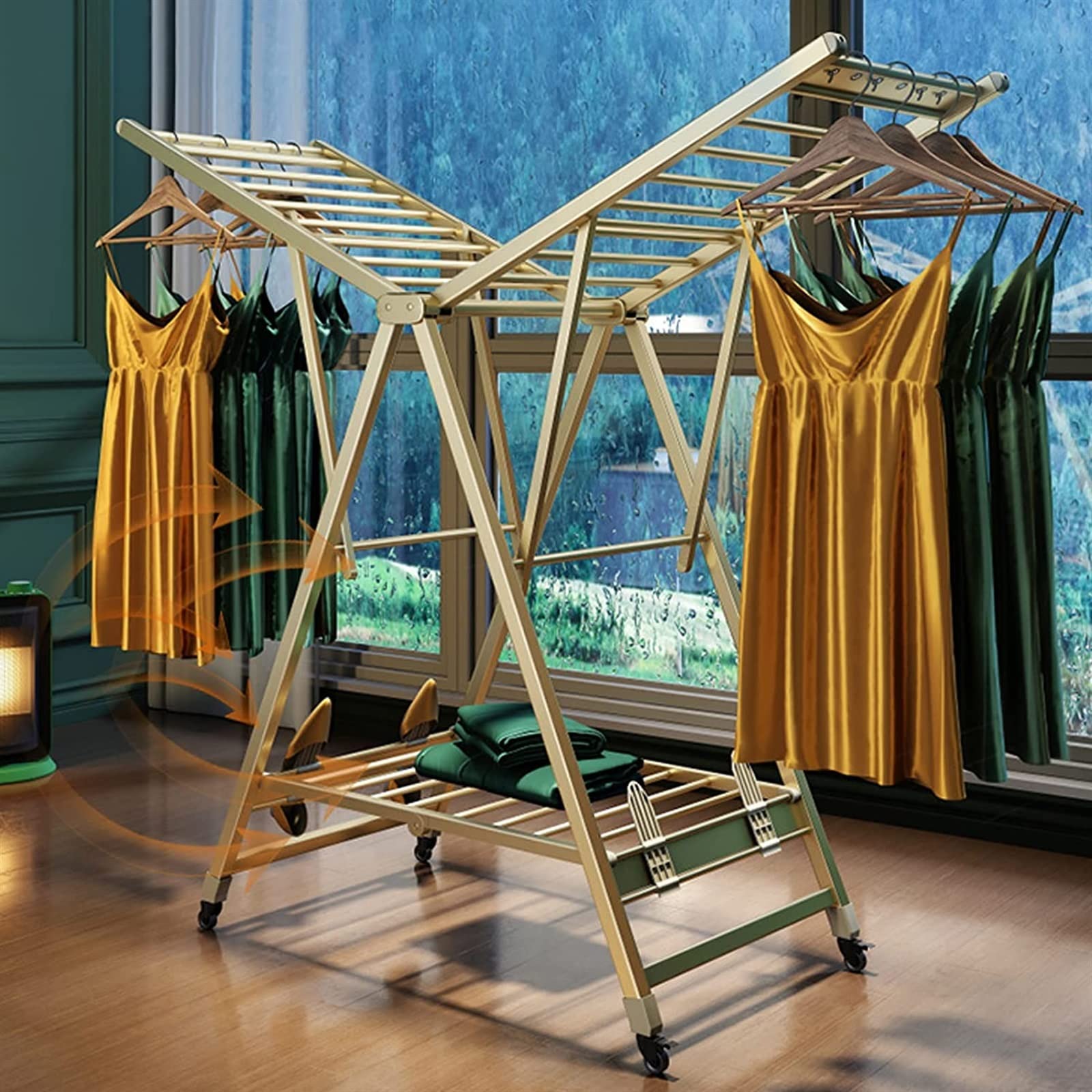 Foldable Clothes Drying Rack - Space Saving Double Layer Laundry Drying Stand for Indoor & Outdoor Use - Gold Finish | Perfect for Apartments, Camping & Small Spaces