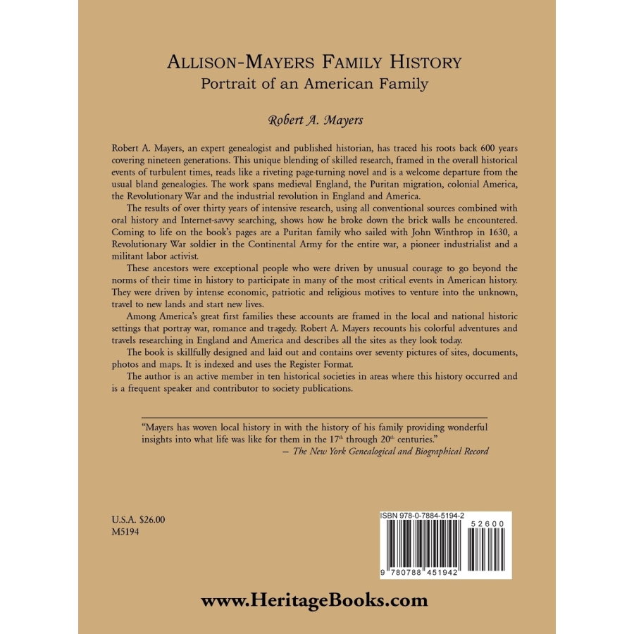 Allison Mayers Family History Book - Portrait of an American Family Genealogy & Ancestry Research - Perfect for Family Reunions, Gift Giving & Historical Preservation