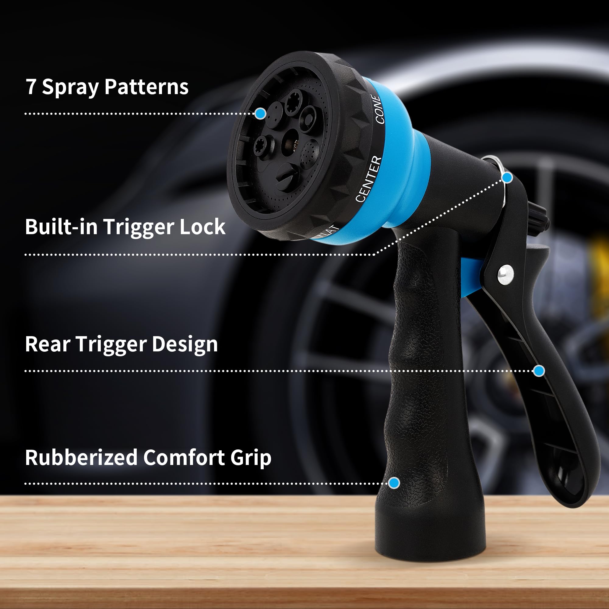 Heavy Duty Garden Hose Nozzle - 7 Adjustable Spray Patterns for Car Washing, Plant Watering & Pet Showering