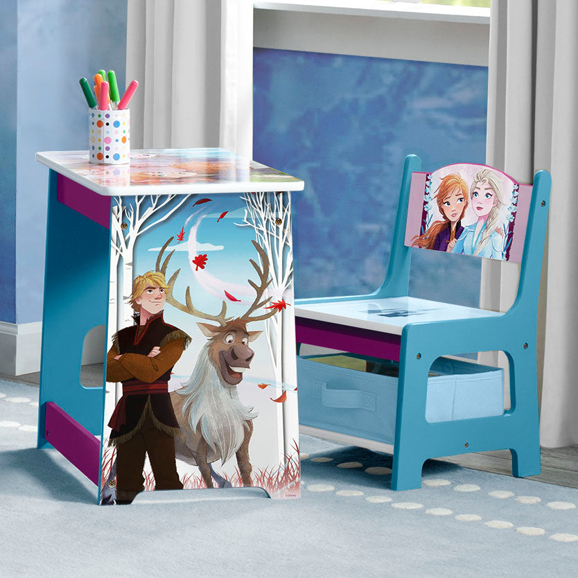 Frozen II Kids Wooden Desk and Chair Set - Study Table with Storage for Boys & Girls - Perfect for Homework, Drawing, and Reading in Bedroom or Playroom
