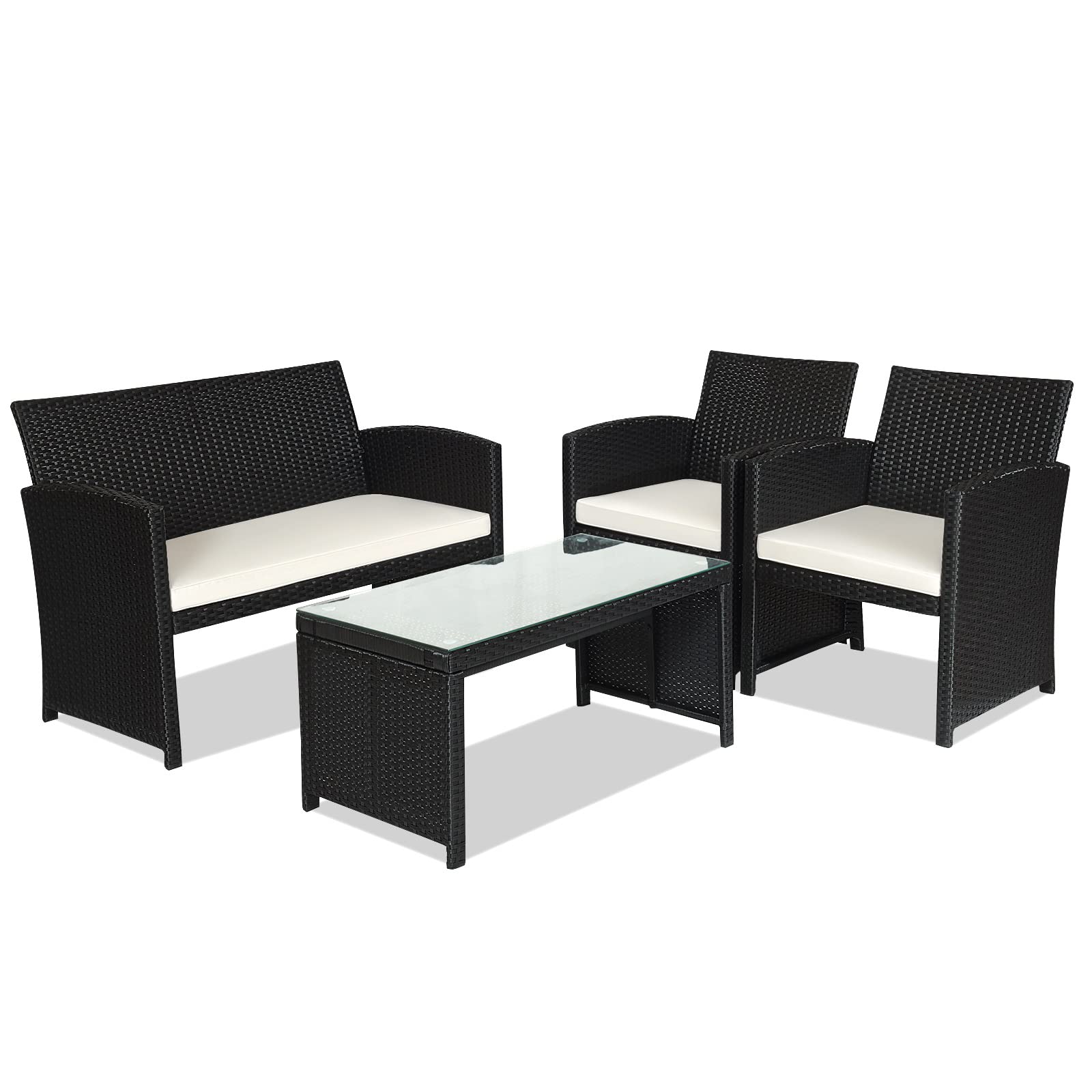 HAPPYGRILL 4-Piece Outdoor Patio Furniture Set - Rattan Wicker Conversation Sofa Set with Cushions, Coffee Table & Chairs for Garden, Lawn, Poolside, Backyard or Balcony | Weather-Resistant & Comfortable Lounge Seating