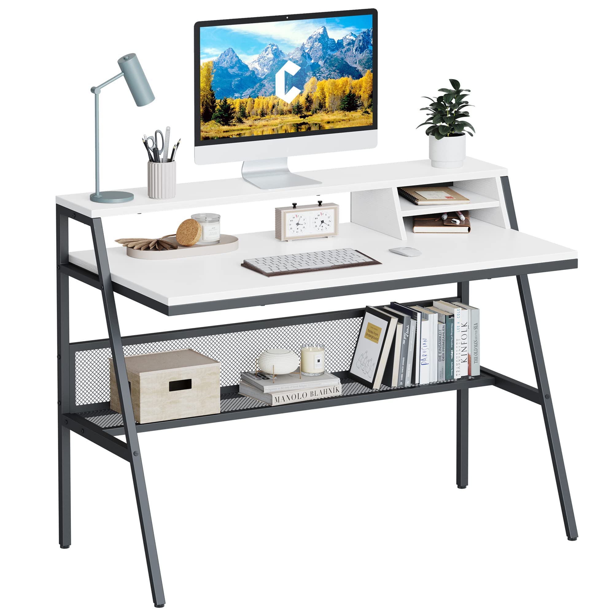 CubiCubi 47 Inch Computer Desk with Storage Shelves & Monitor Stand - Modern Industrial Style Home Office Desk, Study Work Table for Small Spaces, White - Perfect for Remote Work, Gaming & Online Learning