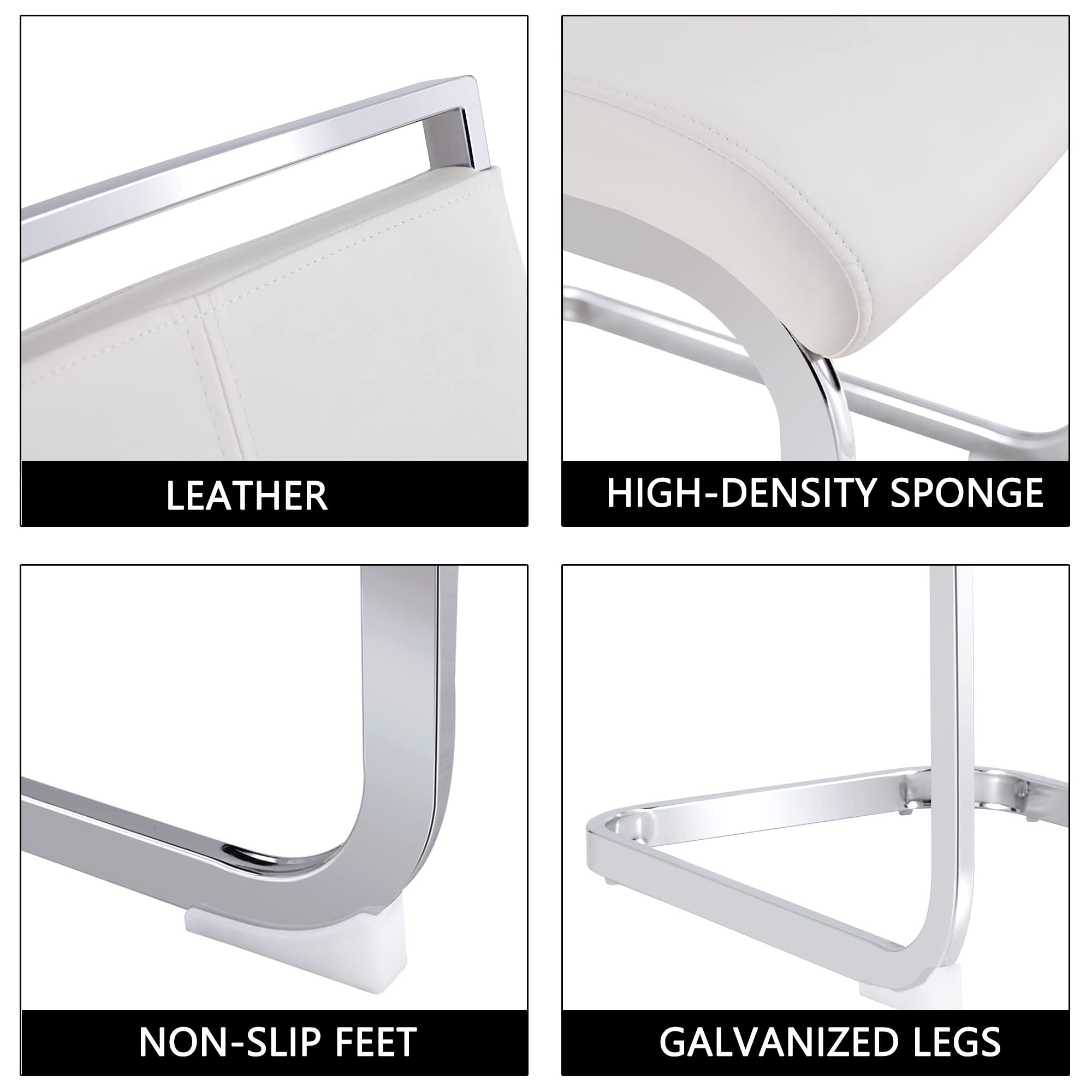 Modern Metal Dining Chairs Set of 2 - High Back Faux Leather Padded Seats with Sturdy Chrome Legs - White Kitchen & Dining Room Chairs for Home, Restaurant, or Office Use