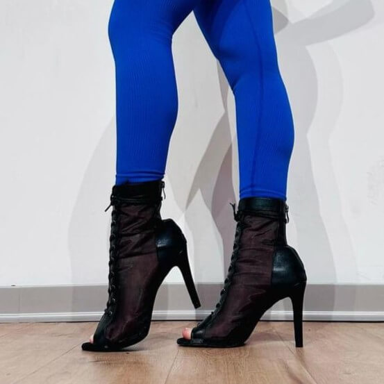 Sexy Black Leather Peep Toe Lace Up Ankle Boots with Mesh Panels & Stiletto Heels - Perfect for Night Out, Party & Date Night