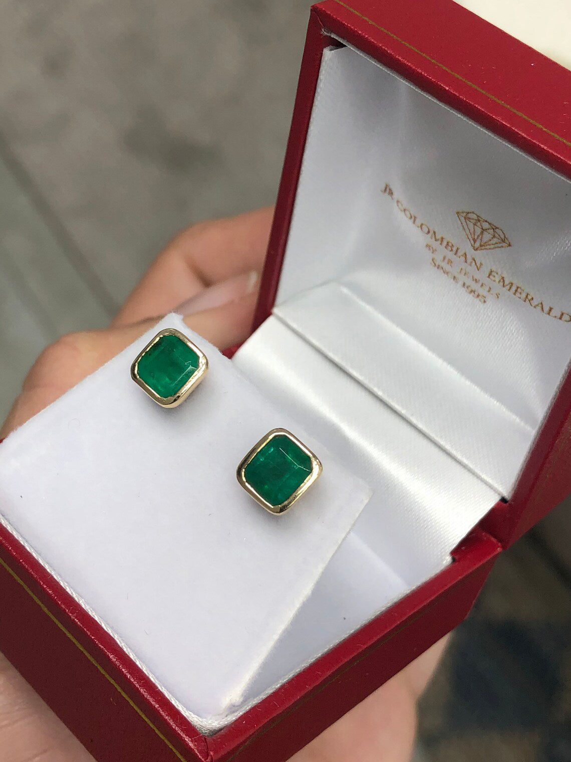 2.20tcw Asscher Cut Natural Dark Green Emerald Earrings - 14K Gold Bezel Set for Women | Perfect for Weddings, Parties & Special Occasions