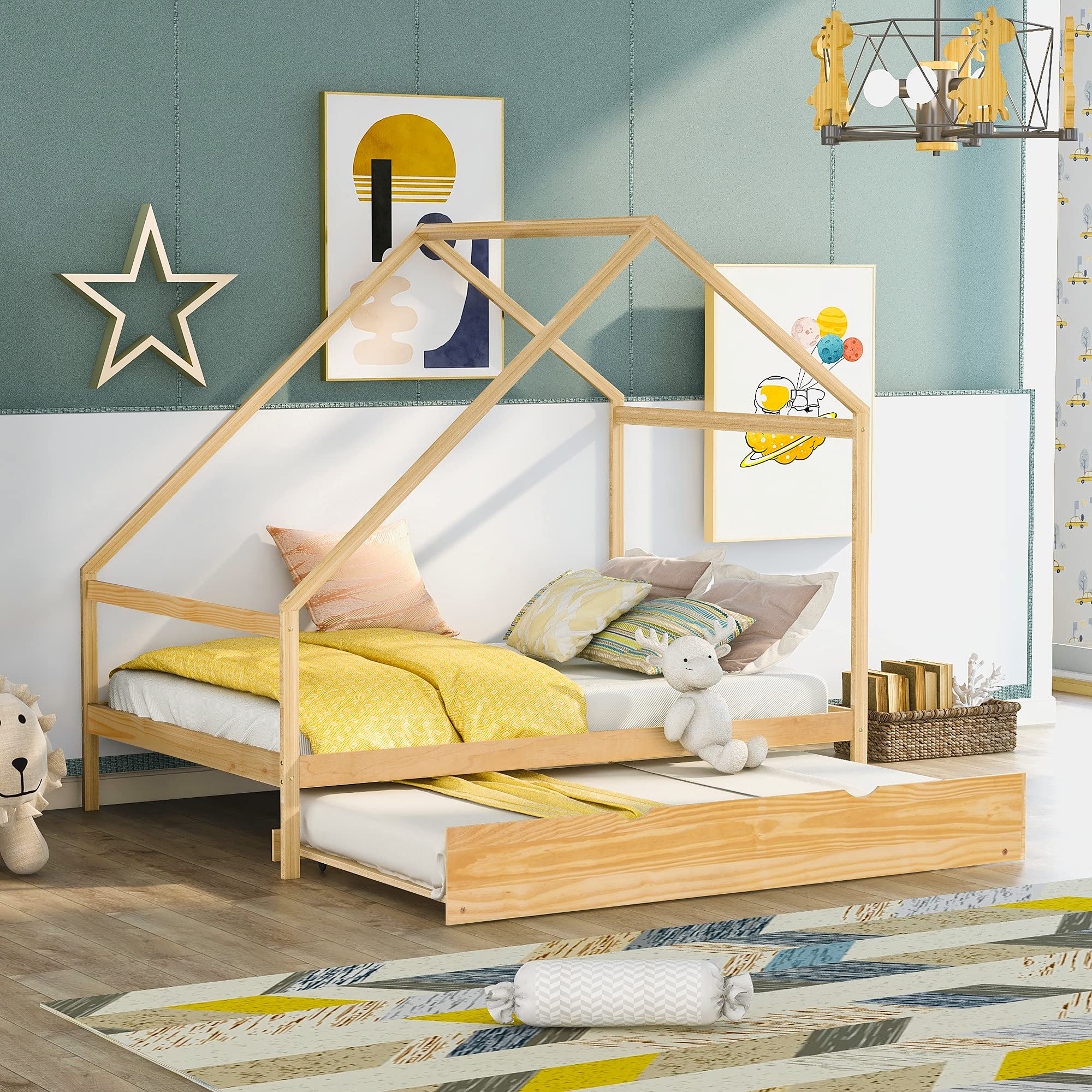 Solid Wood Full Size House Bed with Twin Trundle - Daybed & Sofa Bed Frame with Roof for Kids, Teens & Toddlers | Natural Wood Finish | Perfect for Bedrooms, Playrooms & Guest Rooms
