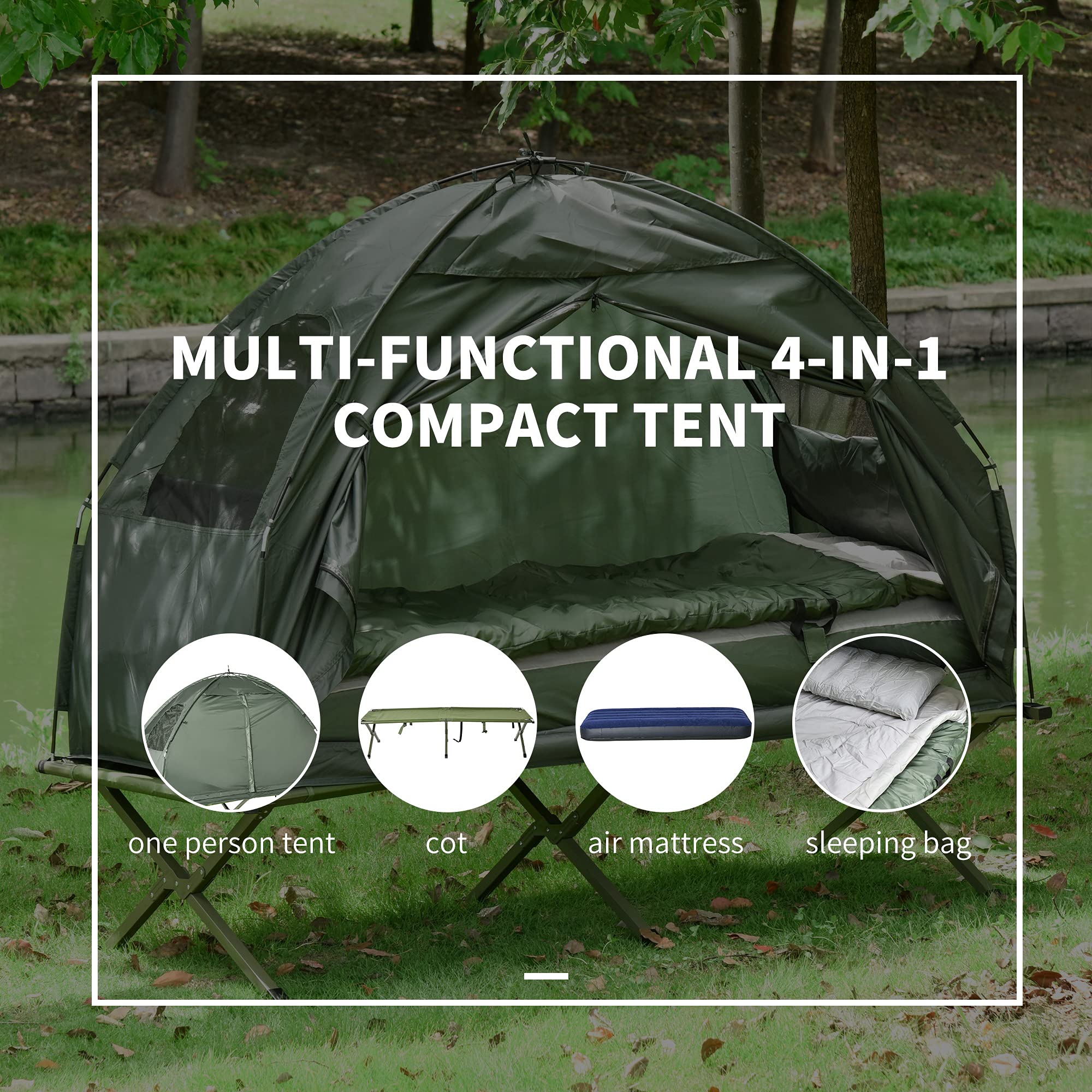 Outsunny Folding Camping Cot for Adults - Portable Single Sleeping Bed with Thick Air Mattress & Tent - Perfect for Backpacking, Hiking, and Outdoor Adventures