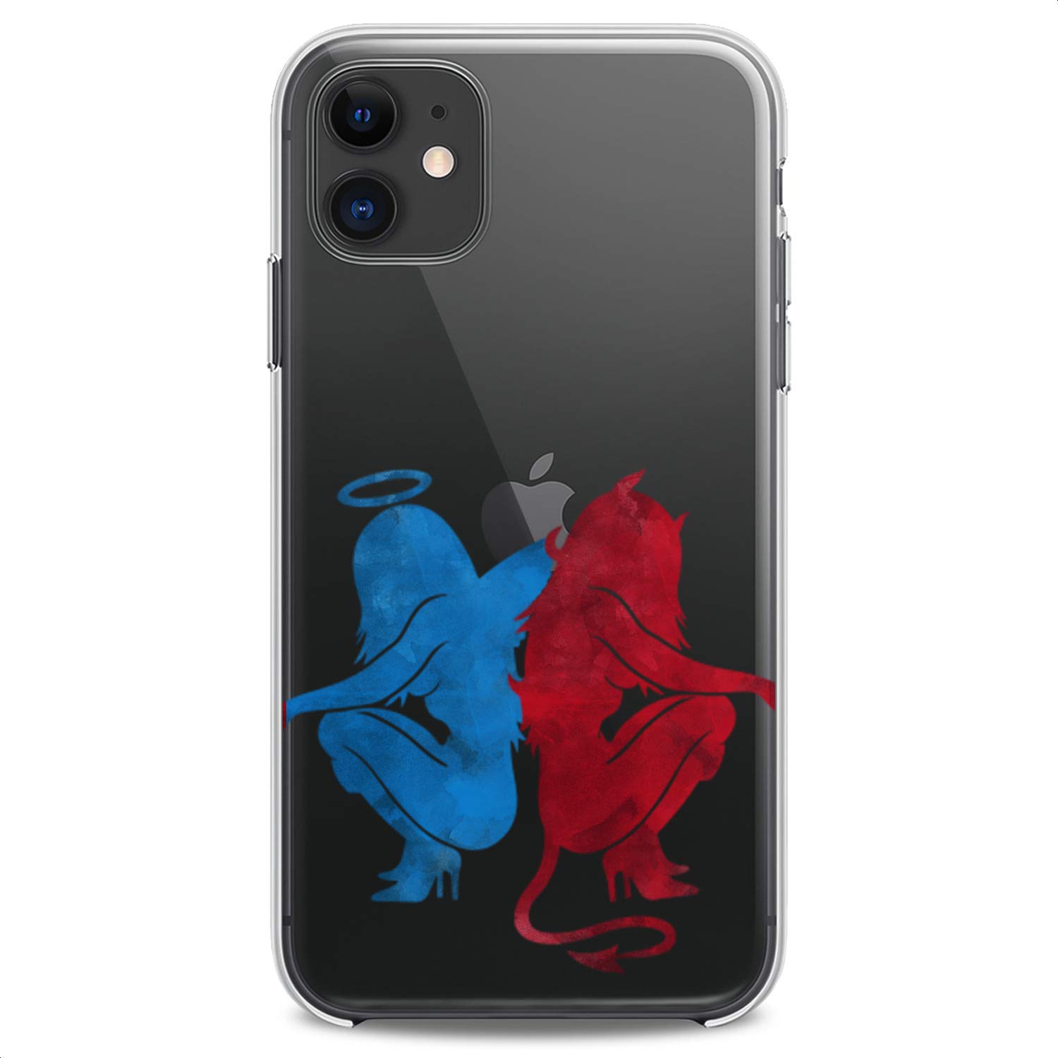 **TPU Case for iPhone 16/15/14/13/12/11 Pro Max/Plus/Mini/XS/XR/X/8+/7/6/5/SE - Angel & Devil Clear Blue Print Art Design, Slim & Flexible Silicone Cover for Women (Cute Watercolor Style) - Perfect for Everyday Use & Gift Giving**