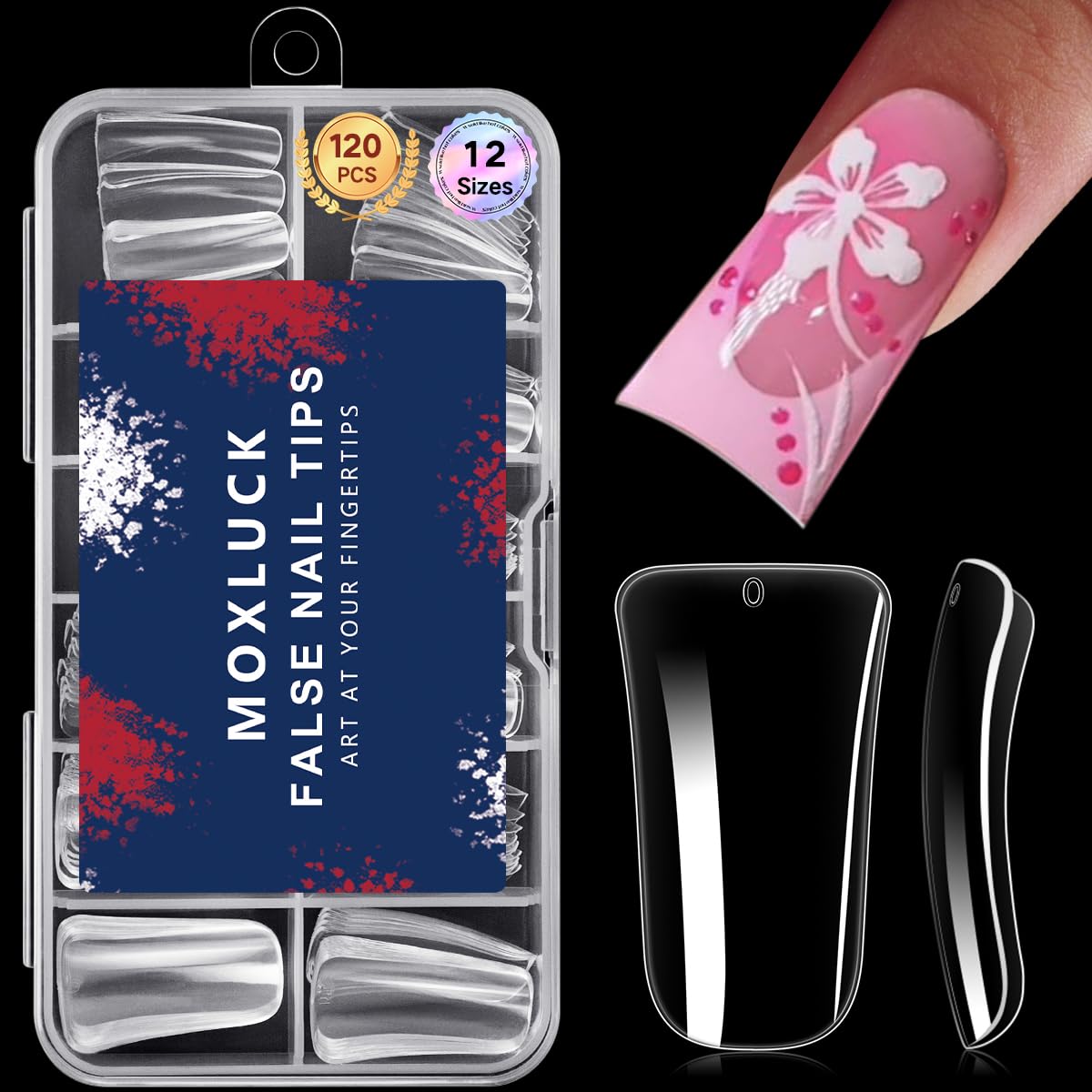 Premium 120Pcs Clear Curved Duck Nail Tips - Full Cover Acrylic False Nails for Extensions, 12 Sizes Wide Short French Fake Nails - Perfect for Home DIY Manicure, Nail Art & Salon Professional Use