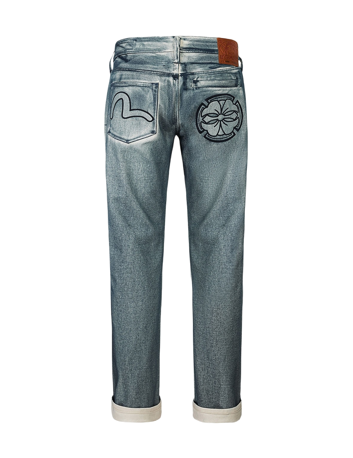 Kamon and Seagull Appliqué with Rubbing Print Regular Straight Fit Jeans #2008 - Vintage Inspired Denim Pants for Casual Wear and Street Style Fashion