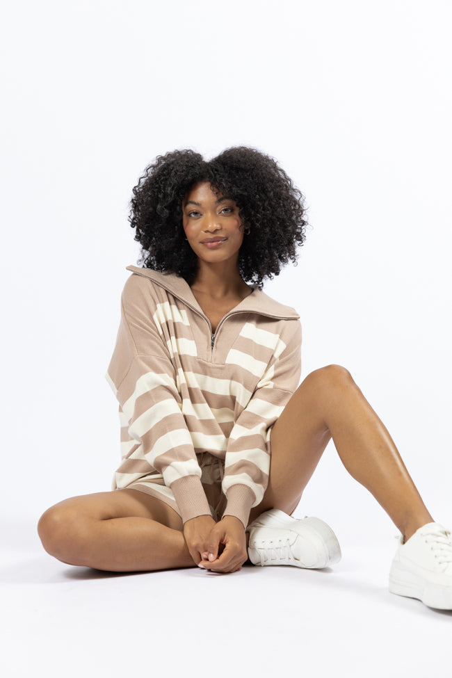 Taupe and Cream Striped Quarter Zip Pullover Sweater - Cozy Casual Wear for Fall & Winter | Perfect for Layering, Outdoors & Office