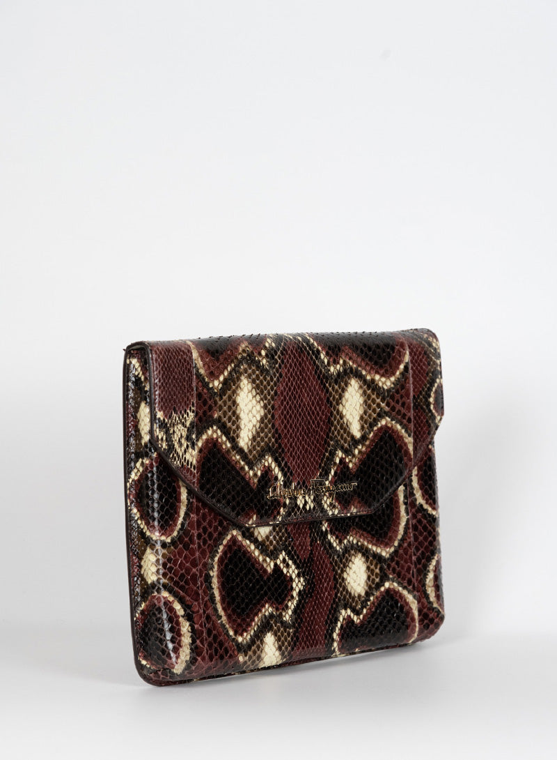 Salvatore Ferragamo Bordeaux Python Effect Clutch Purse - Elegant Evening Bag for Women, Perfect for Parties, Weddings & Special Occasions
