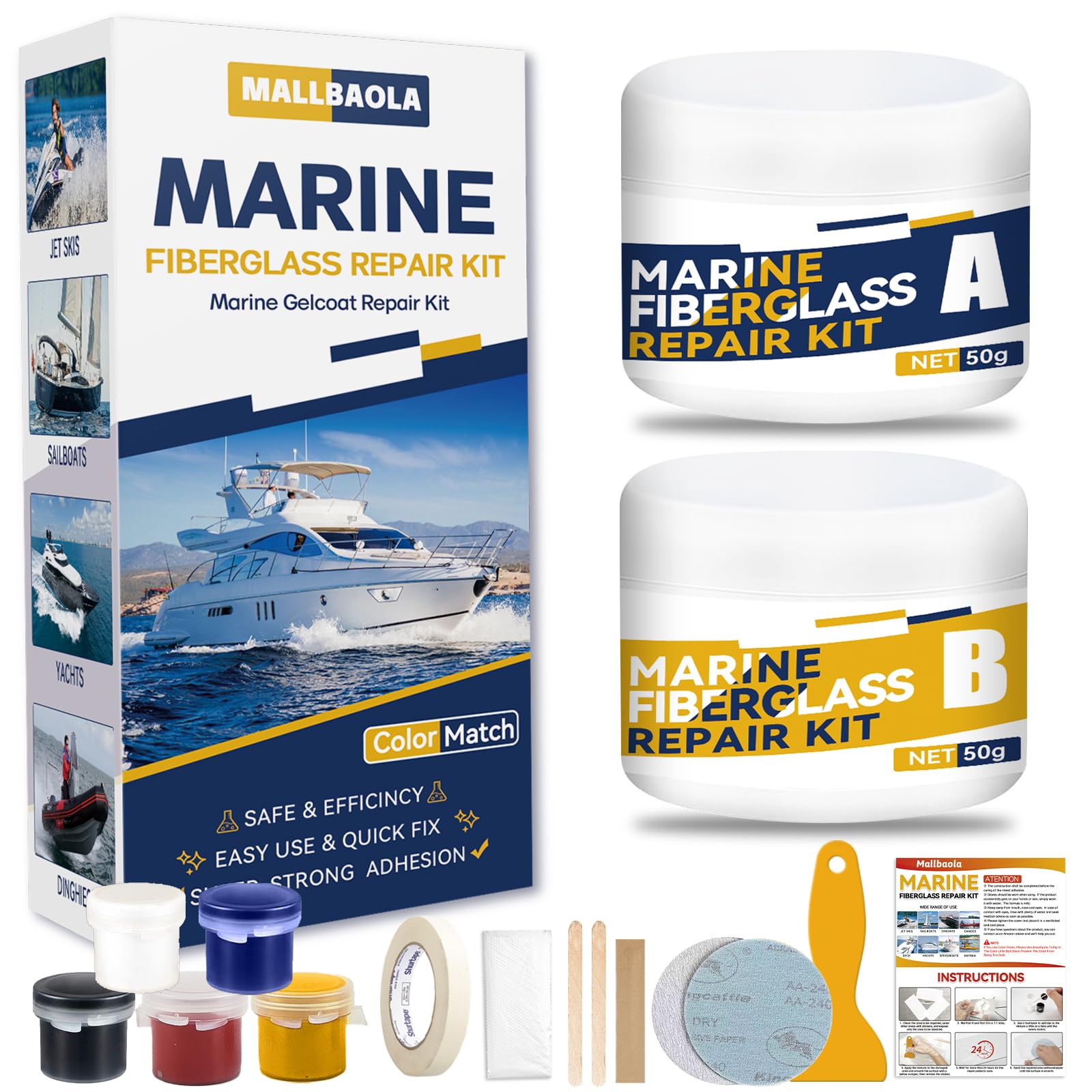 **Marine Fiberglass & Gel Coat Repair Kit for Boats - Epoxy Filler to Fix Holes, Chips, Pits, Cracks (Color Match) - Perfect for DIY Boat Hull, Deck & Surface Repairs**