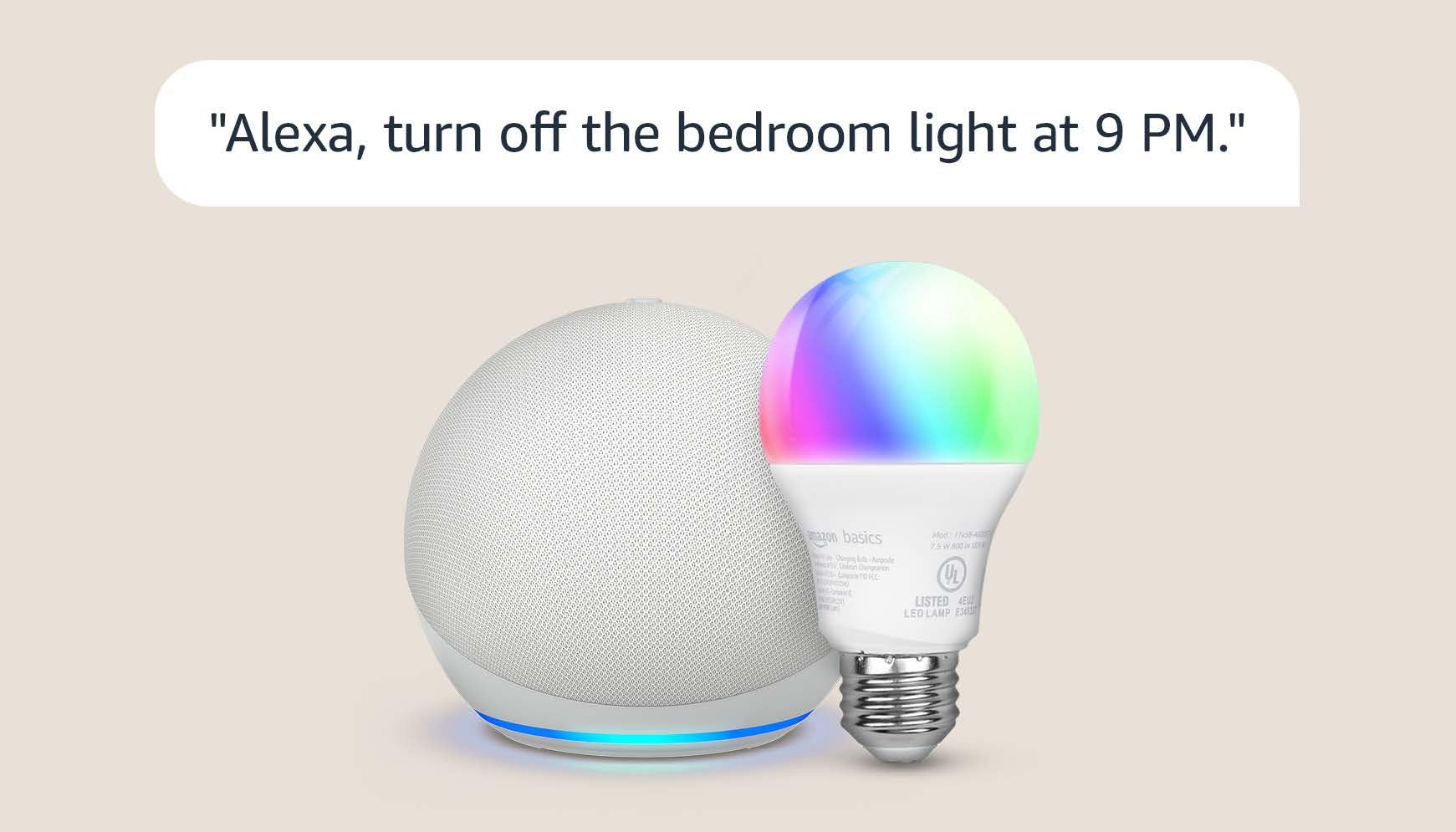 Echo Dot (4th Gen) with Amazon Basics Smart Color Bulb - Smart Speaker & LED Bulb Combo for Home Automation, Music & Lighting Control