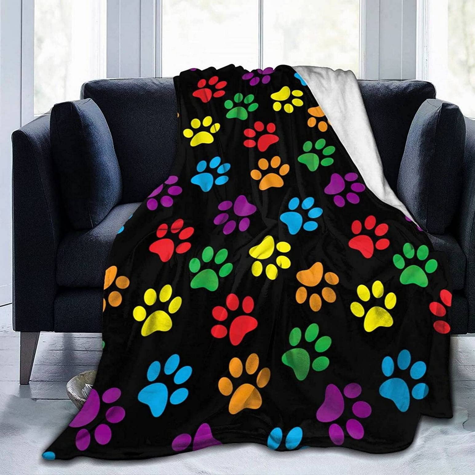 Soft Cozy Colorful Dog Paw Print Throw Blanket - Lightweight Flannel Fleece Blanket for Bed, Sofa, Chair & Car Travel - 40x50 Inches - Perfect for Pet Lovers, Home Decor & Winter Warmth