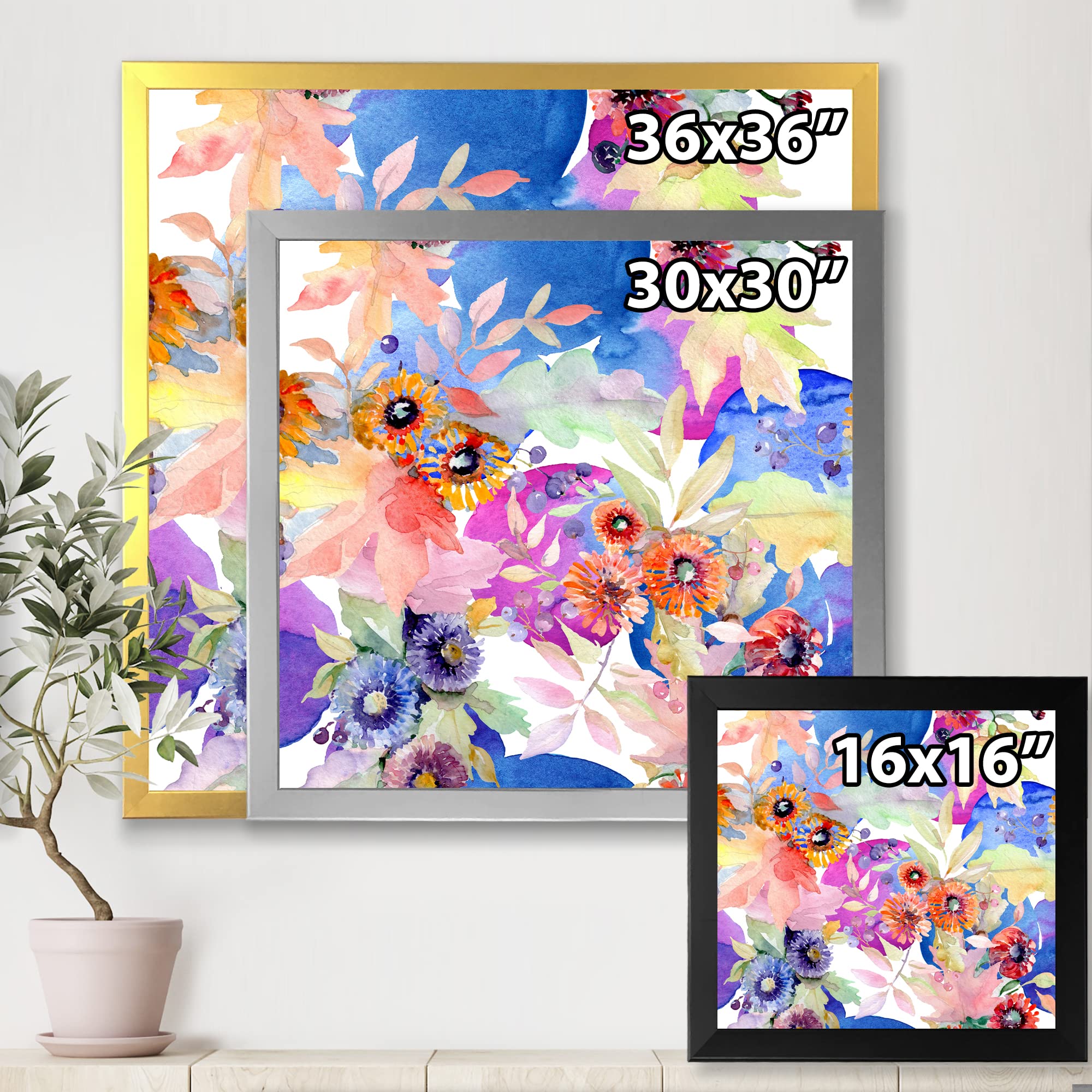 DesignQ Vibrant Wild Spring Leaves & Wildflowers Framed Wall Art - Modern Home Decor for Living Room, Bedroom & Office