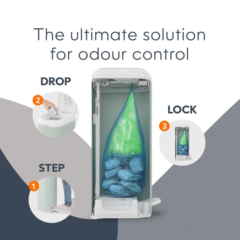Diaper Genie Platinum Diaper Pail - Stainless Steel Baby Diaper Disposal System with Odor Control, Includes 1 Easy Roll Refill (18 Bags), Sage Green - Perfect for Nursery, Baby Room & Daycare Centers