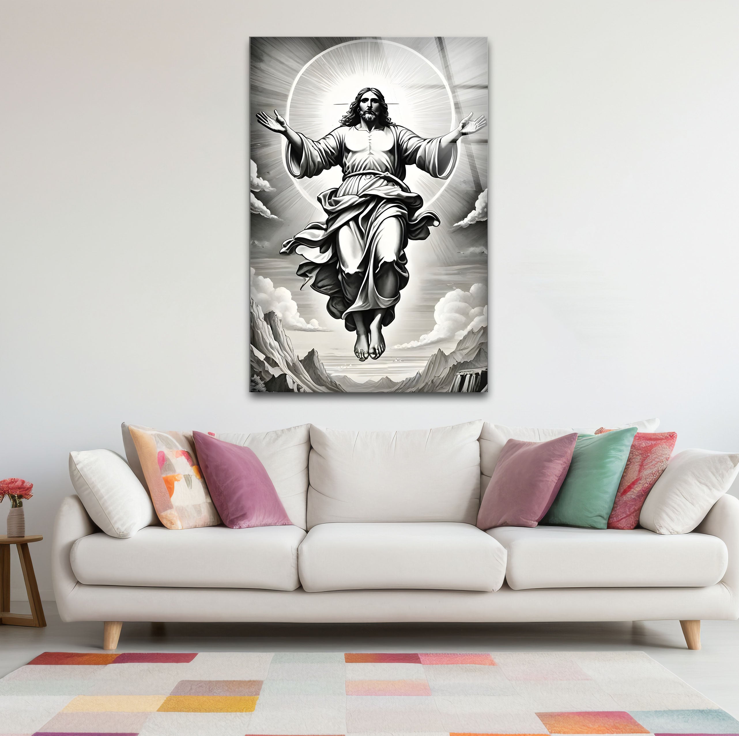 Black and White Jesus Christ Glass Wall Art - Religious Home Decor for Living Room, Bedroom & Church
