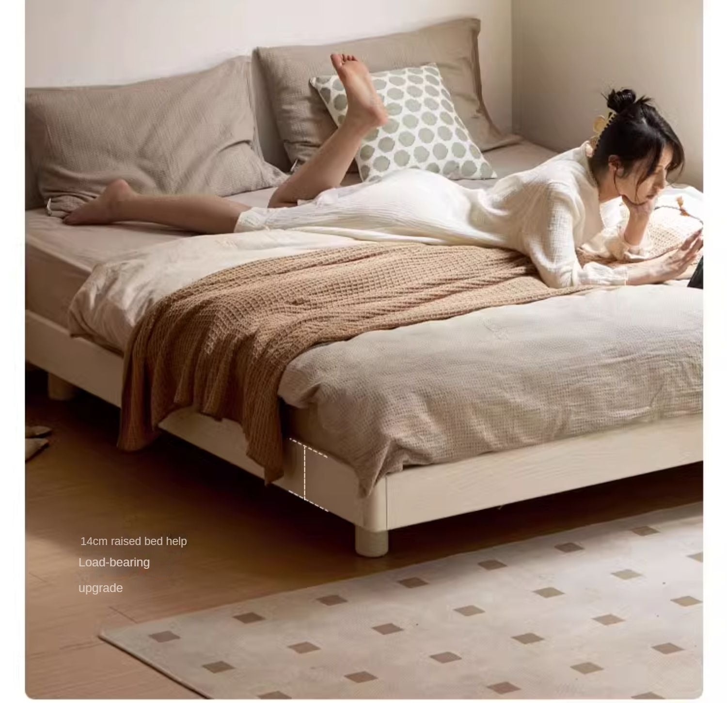 Solid Oak Wood Platform Bed - No Headboard, Cream Finish - Modern Minimalist Bedroom Furniture for Small Spaces & Loft Apartments