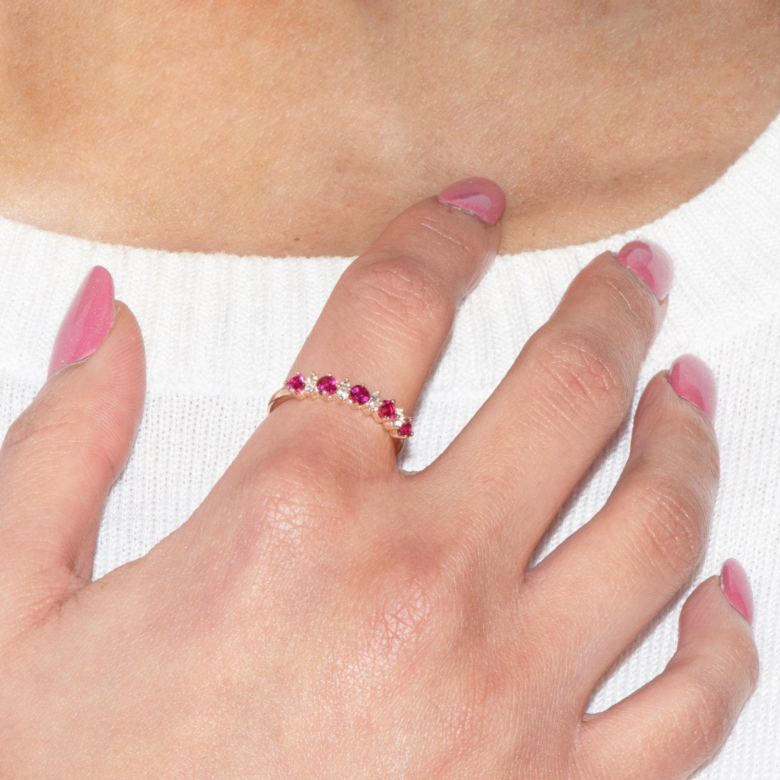 10k Yellow Gold Ruby and White Sapphire Half Eternity Ring for Women - Elegant Wedding Band, Anniversary Gift, Promise Ring for Her - Perfect for Engagements, Valentine's Day & Special Occasions
