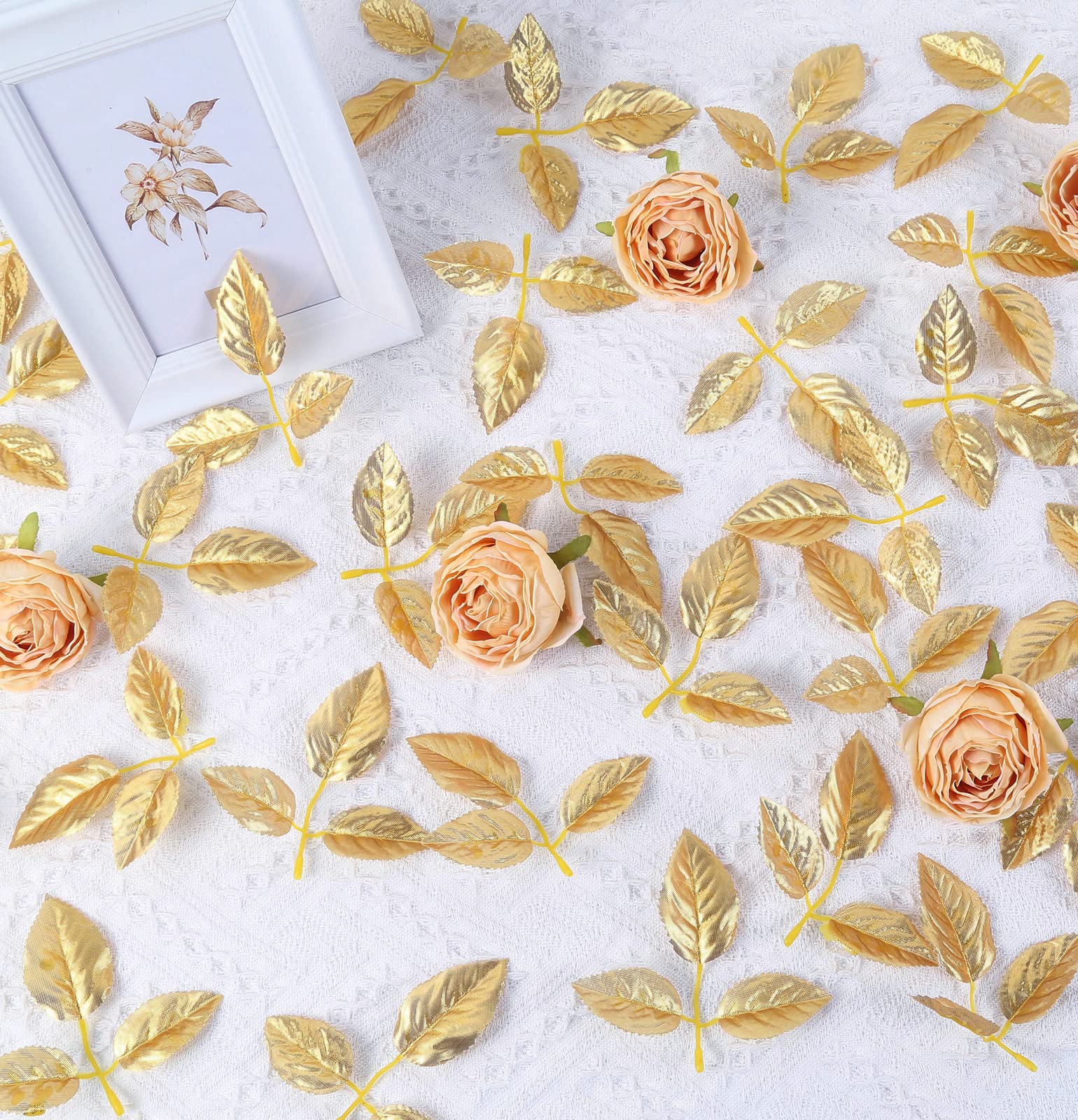 100pcs Bulk Rose Leaves Gold Leaves Artificial Greenery Fake Rose Leaves for DIY Wedding Bouquets Centerpieces Party Decorations - Perfect for Wedding, Bridal Shower, Baby Shower, Home & Event Decorations