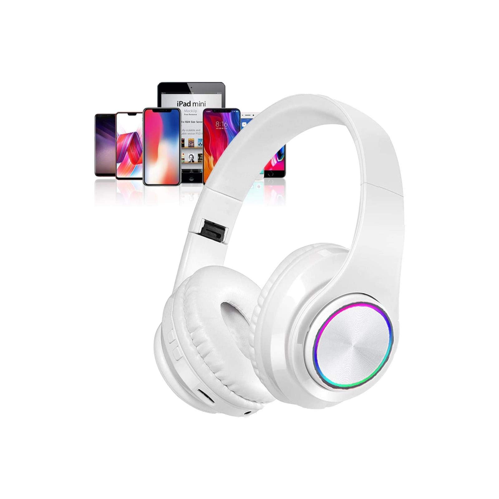 Wireless Bluetooth Over-Ear Headphones with Deep Bass, Colorful LED Lights & Built-in Mic - Lightweight Foldable HiFi Stereo Headset for Kids & Adults - Perfect for School, Classroom, Home, Travel, Office, PC & Smartphone Use - White