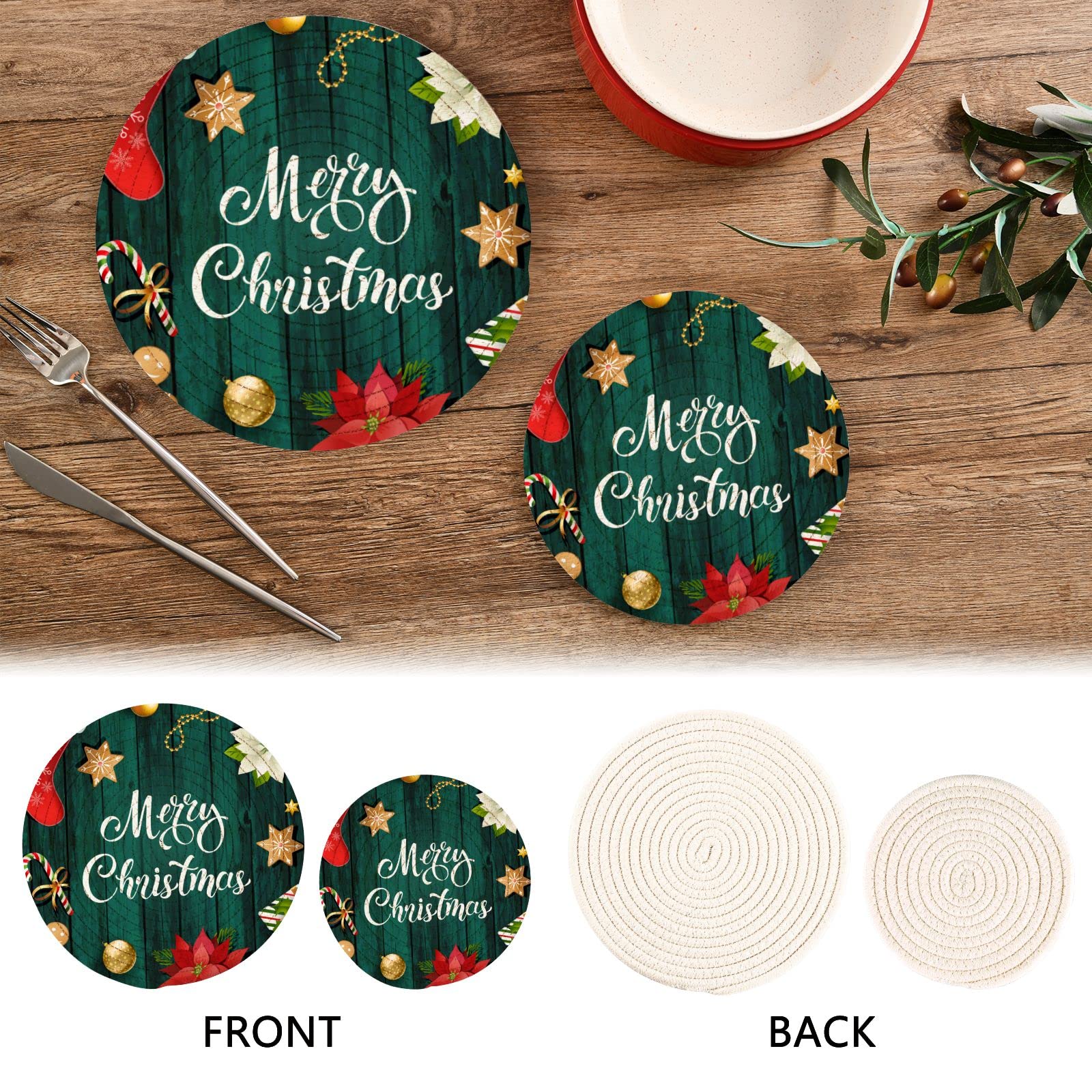 Christmas Wooden Board Pot Holders & Trivets Set of 2 - Heat Resistant Kitchen Trivets for Hot Dishes, Poinsettia Gingerbread Cotton Woven Trivet Mats - Perfect for Hot Pads, Pans, Pots & Teapots - Ideal for Holiday Kitchen Decor & Christmas Dinner Table Setting