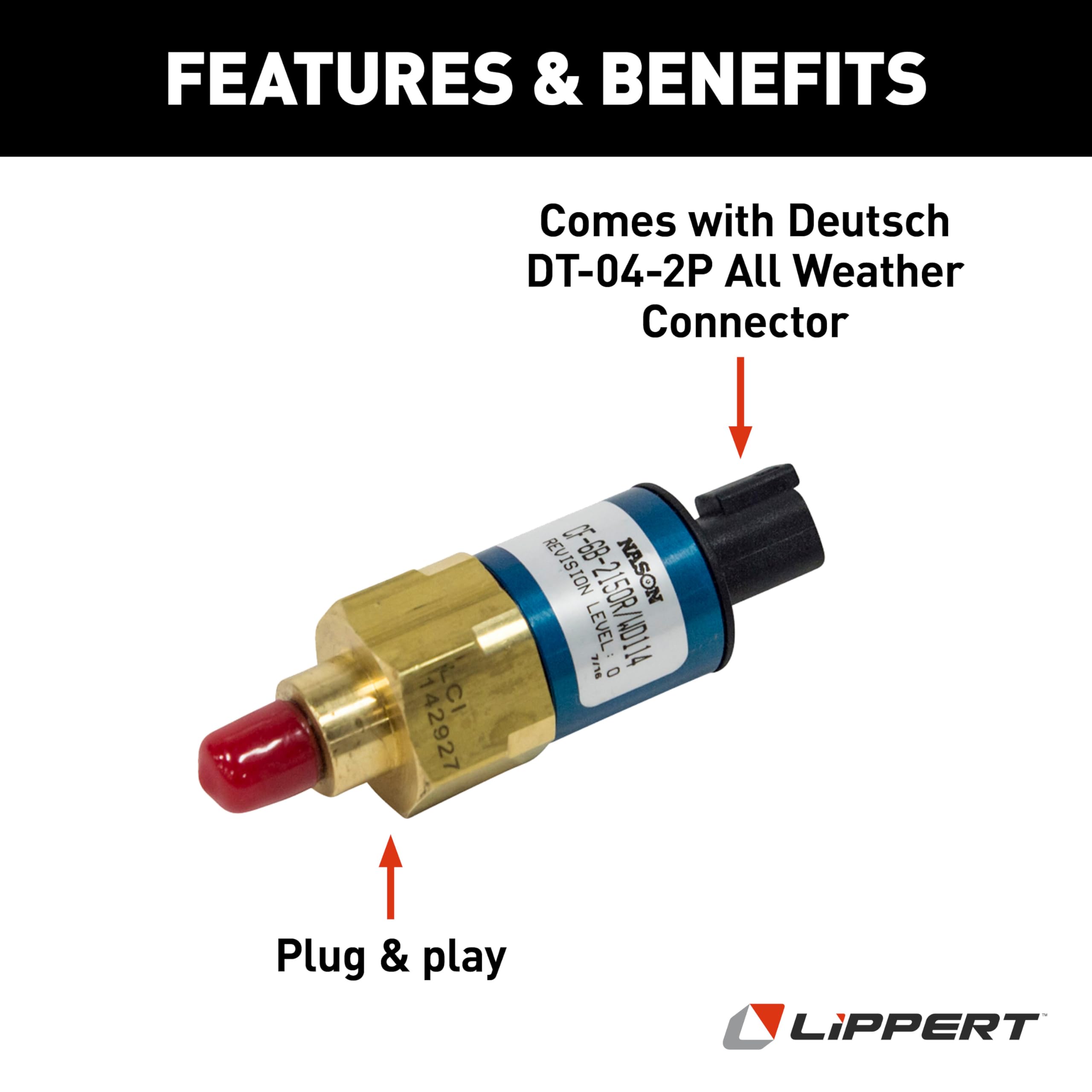 Lippert RV Leveling System High-Pressure Hydraulic Replacement Pressure Switch - 2,150 PSI Nason with Deutsch DT-04-2P Plug-and-Play Connector, All-Weather Design for Smooth RV Leveling in Any Condition
