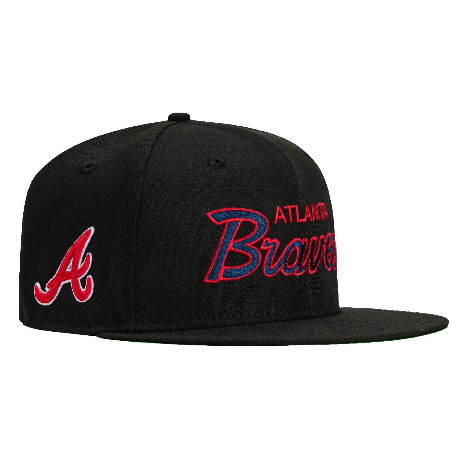 New Era 59Fifty Atlanta Braves Logo Patch Script Hat - Black MLB Baseball Cap for Men & Women - Perfect for Games, Fan Gear & Streetwear Fashion