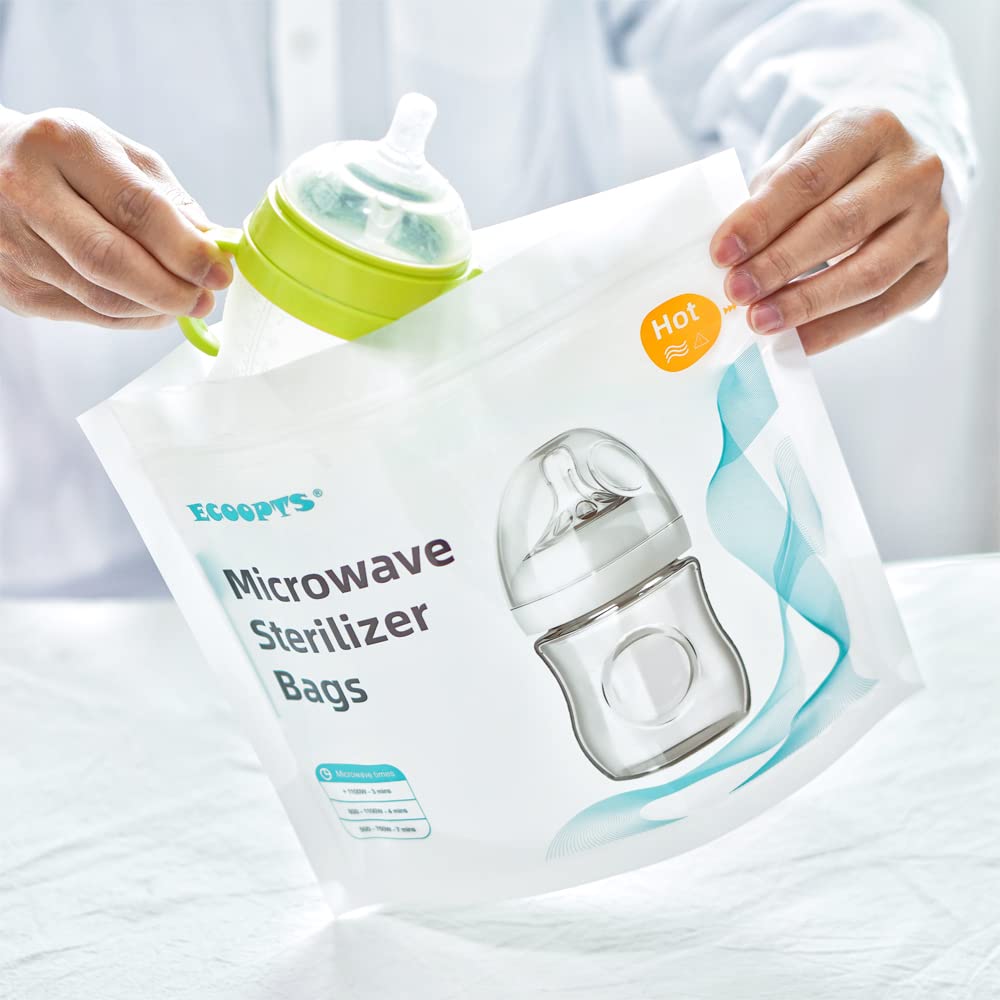 ECOOPTS 12-Pack Reusable Microwave Steam Sterilizer Bags for Baby Bottles & Breast Pump Parts | Quick Sanitizing Solution for Busy Parents | Perfect for Daycare, Travel & Home Use