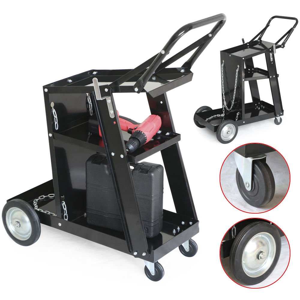 HONOOR 3-Tier Heavy Duty Welding Cart with Wheels - Portable Storage for TIG MIG Welders & Plasma Cutters - Durable Iron Construction (Black) - Ideal for Garage, Workshop & Industrial Welding Projects
