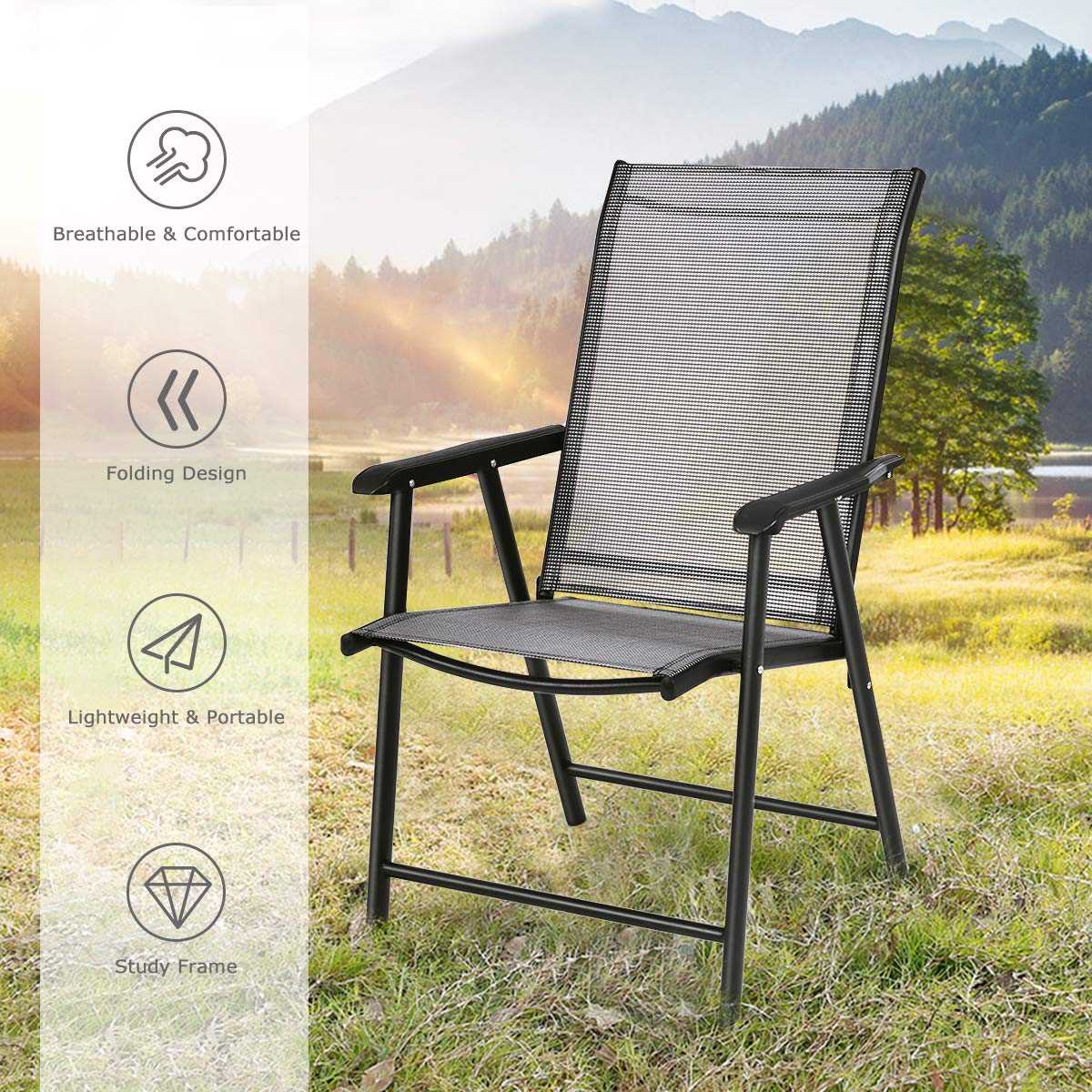 AFSTAR Outdoor Folding Chairs Set of 2 - Patio Sling Chairs with Armrests for Backyard, Garden, Pool & Porch - Lightweight Foldable Lawn Chairs (Gray) - Perfect for Camping, Picnics & Beach Trips