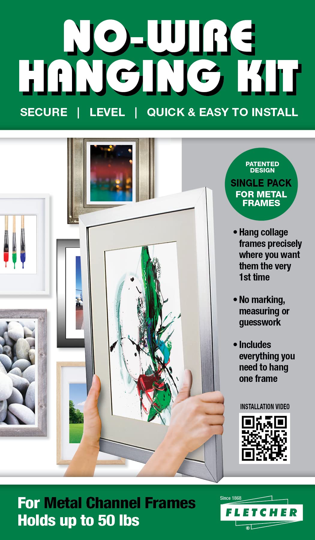 Fletcher® Picture Perfect No-Wire Hanging System - Heavy Duty Wall Hook for Art & Frames up to 50 lbs (1-Pack Metal) - Perfect for Galleries, Living Rooms & Office Decor