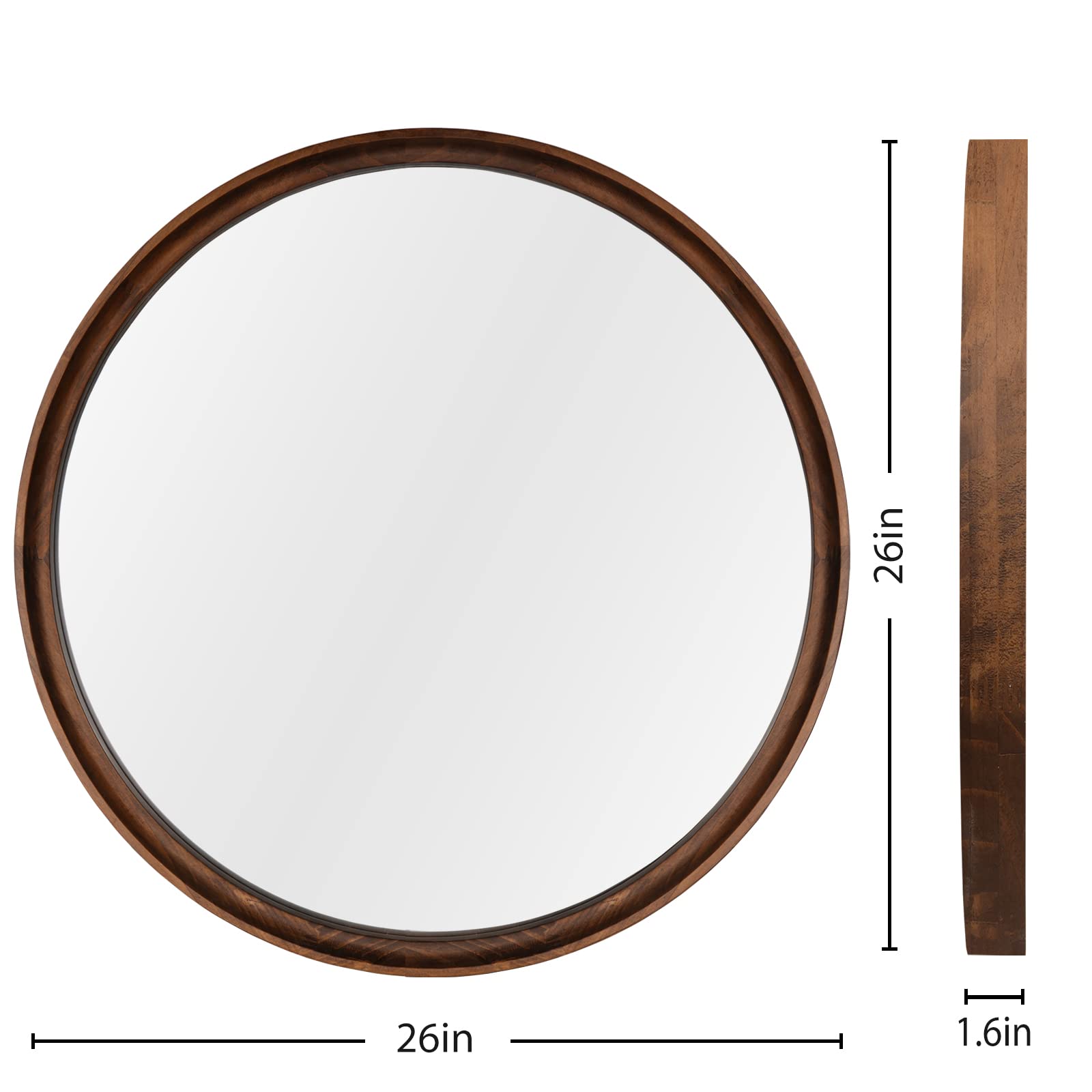 26 Inch Round Wooden Wall Mirror - Handcrafted Solid Wood Bathroom Vanity Mirror for Entryway, Living Room, Bedroom & Home Decor (Natural Brown) | Perfect for Farmhouse, Boho & Modern Interior Design Styles