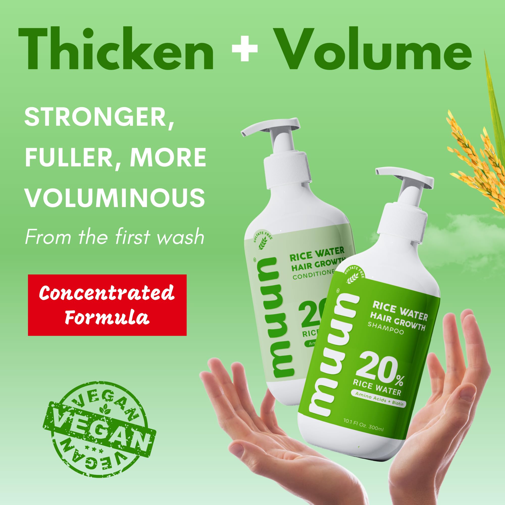 Muun Rice Water Shampoo and Conditioner Set for Hair Growth - Natural Biotin, Keratin & Caffeine Formula for Thinning Hair & Hair Loss Prevention - Men & Women - Perfect for Daily Hair Care & Scalp Nourishment