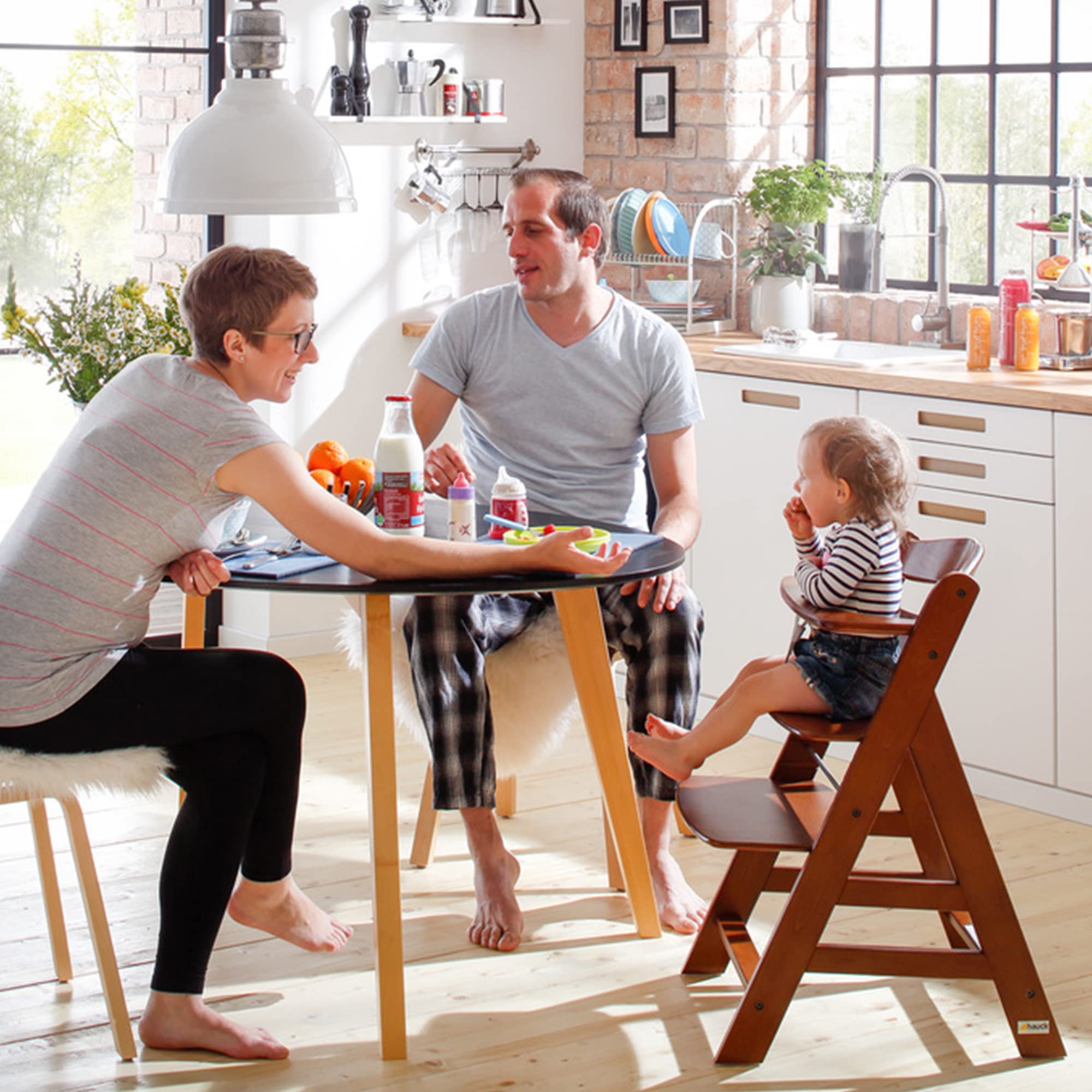 Hauck Alpha+ Adjustable Wooden Booster High Chair for Babies & Toddlers - 5-Point Safety Harness, Bumper Bar, Solid Beechwood (Walnut) - Perfect for Dining, Kitchen, and Family Meals