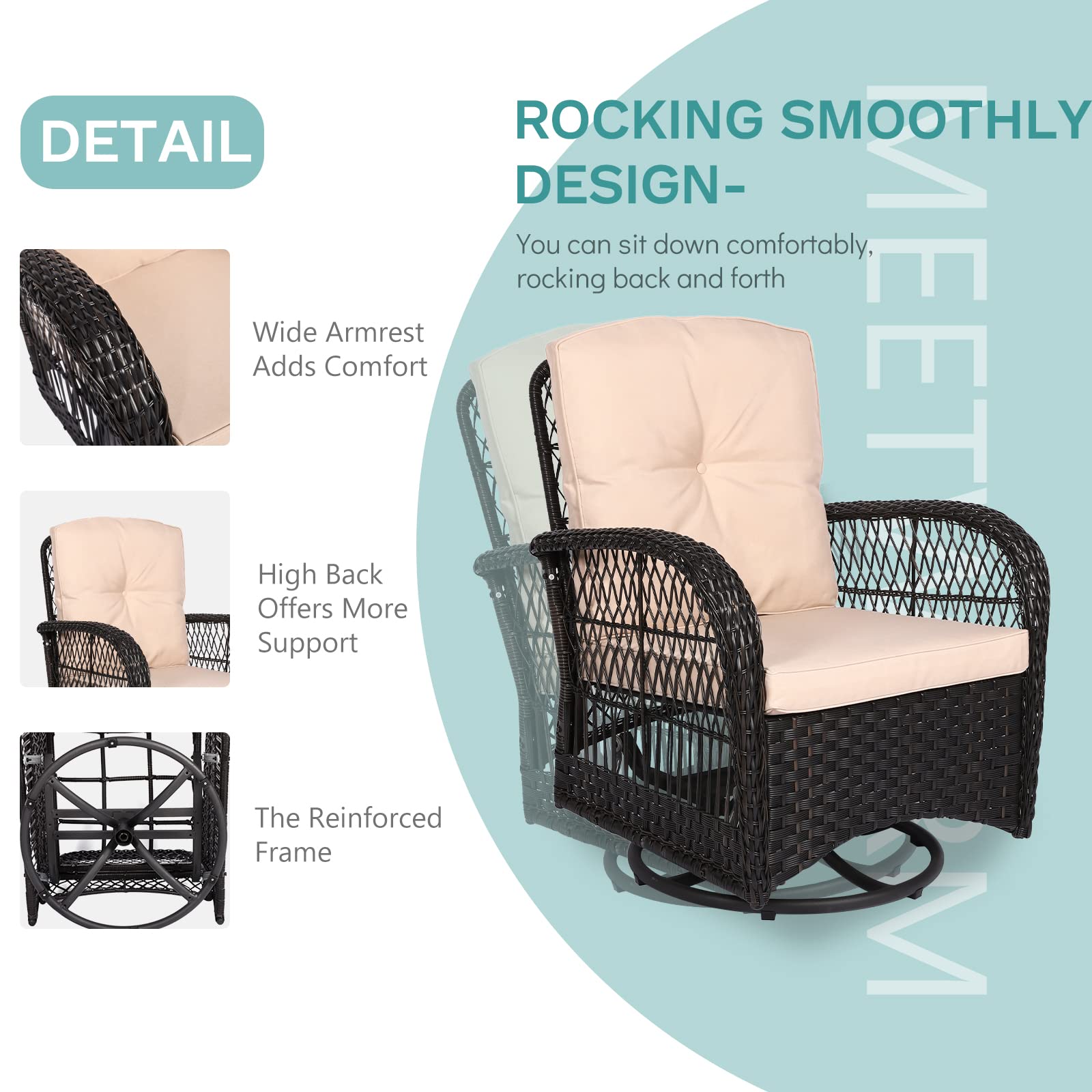 MEETWARM 3-Piece Outdoor Wicker Swivel Rocking Chair Set with Thickened Cushions & Glass-Top Coffee Table - Patio Furniture Conversation Set for Porch, Garden, Backyard (Dark Brown) | Perfect for Relaxing, Entertaining & Outdoor Lounging