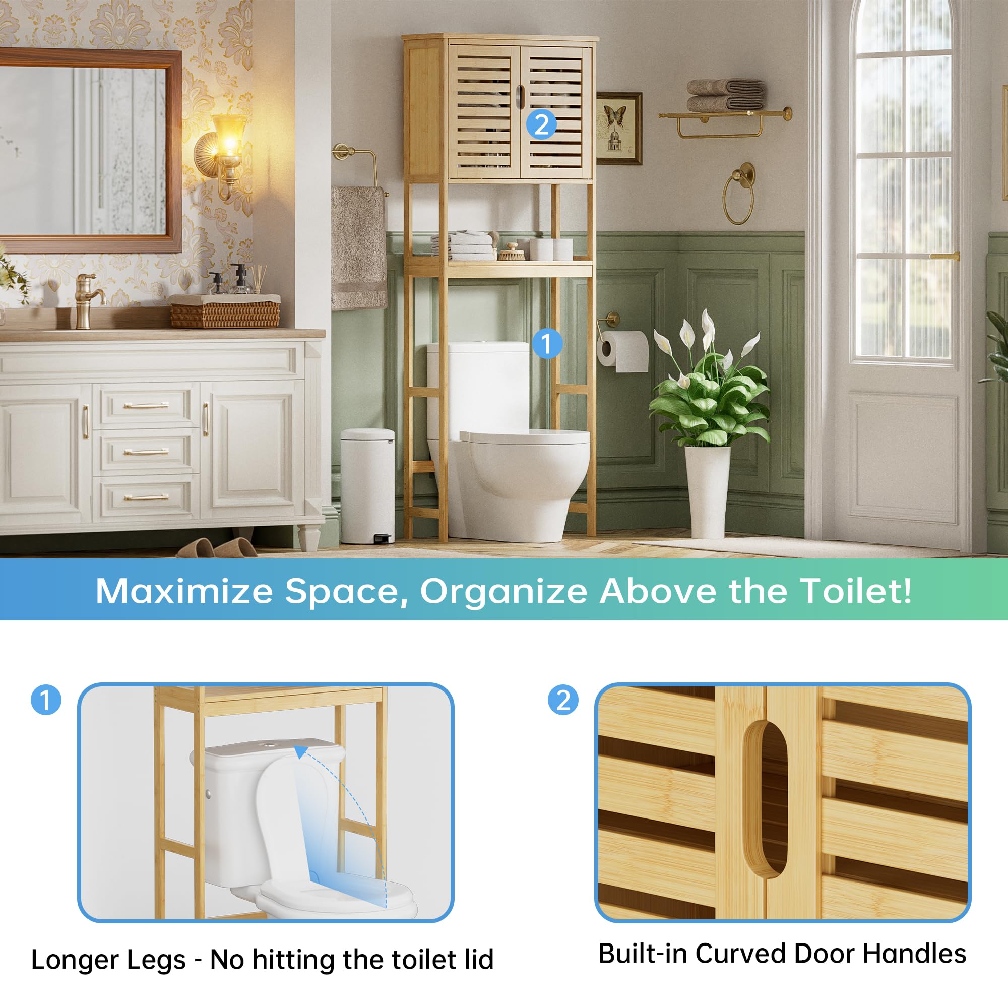 SMIBUY Over The Toilet Storage Cabinet - 2 Door Bamboo Bathroom Organizer with Adjustable Shelves | Freestanding Space Saver Toilet Rack for Small Bathrooms | Perfect for Towels, Toiletries & Bathroom Essentials (Natural)