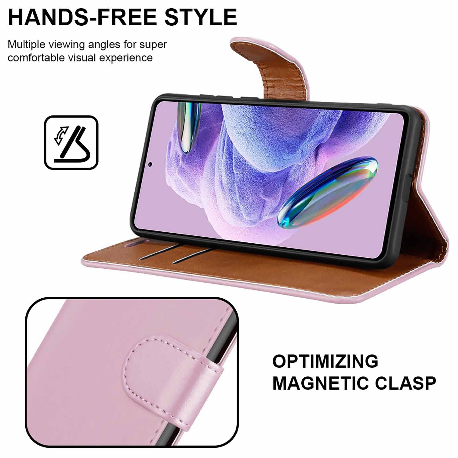 Premium Leather Wallet Case for Xiaomi Redmi Note 12 Pro 5G - Flip Folio Cover with Card Slots, Kickstand & Magnetic Closure (Rose Gold) | Perfect for Business, Travel & Daily Protection