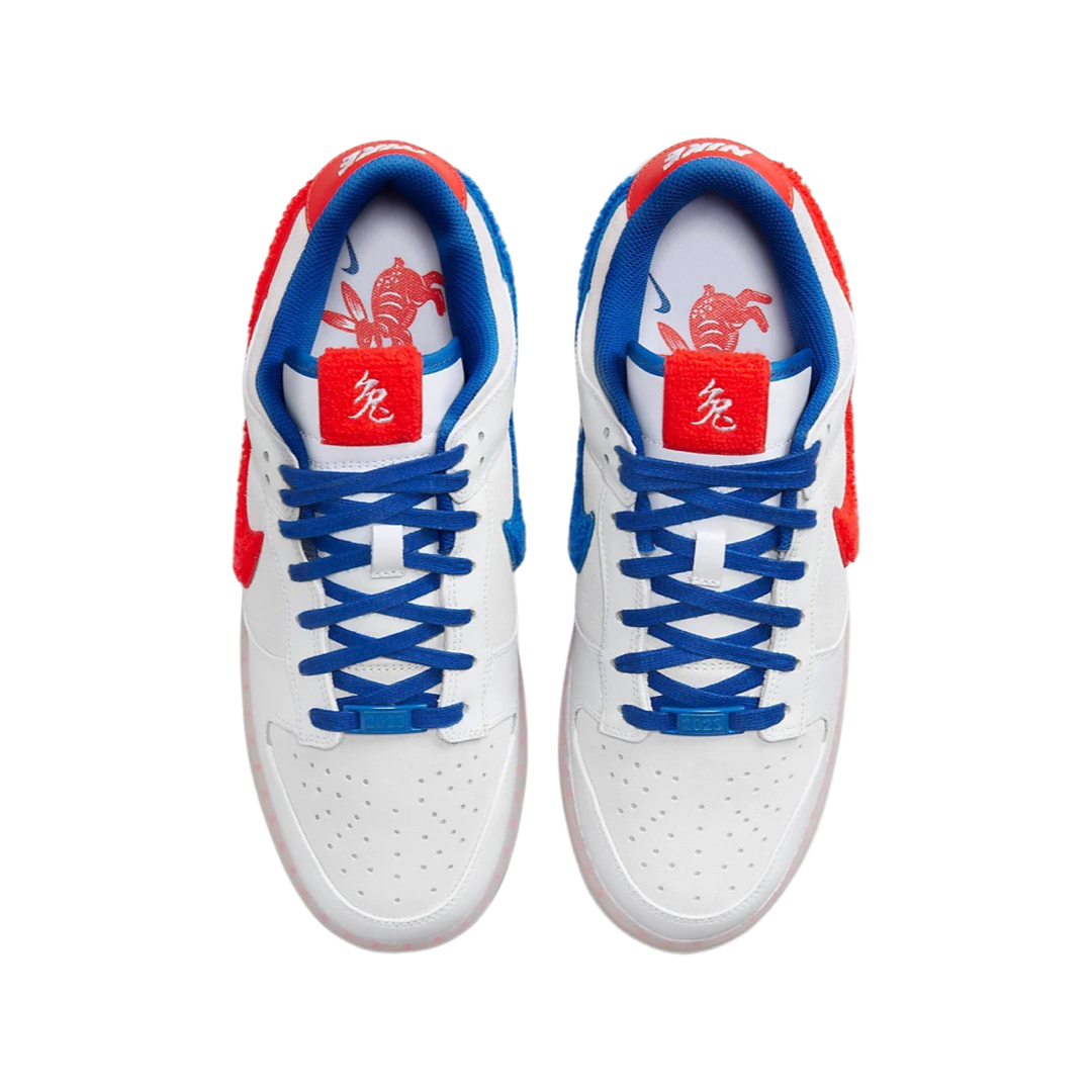 Nike Dunk Low Retro PRM Year of the Rabbit Sneakers - White, Crimson & Varsity Royal Colorway - Limited Edition Basketball Shoes for Men & Women | Perfect for Casual Wear, Street Style & Sneaker Collectors