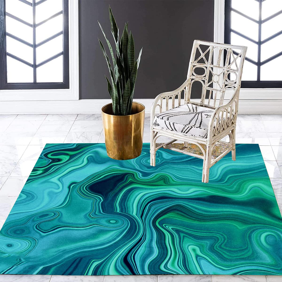 6x6 Washable Soft Shaggy Carpet - Blue Green Abstract Modern Area Rug for Living Room, Bedroom & Home Office | Boho Chic Indoor Floor Mat, Dining Table Runner & Doormat - Perfect for Cozy Decor & High-Traffic Areas