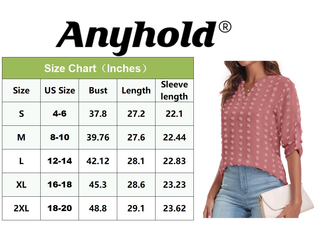Anyhold Women's 3/4 Sleeve Chiffon Blouse - V Neck Swiss Dot Flowy Shirt for Work & Casual Wear | Elegant Office Tops & Date Night Outfits