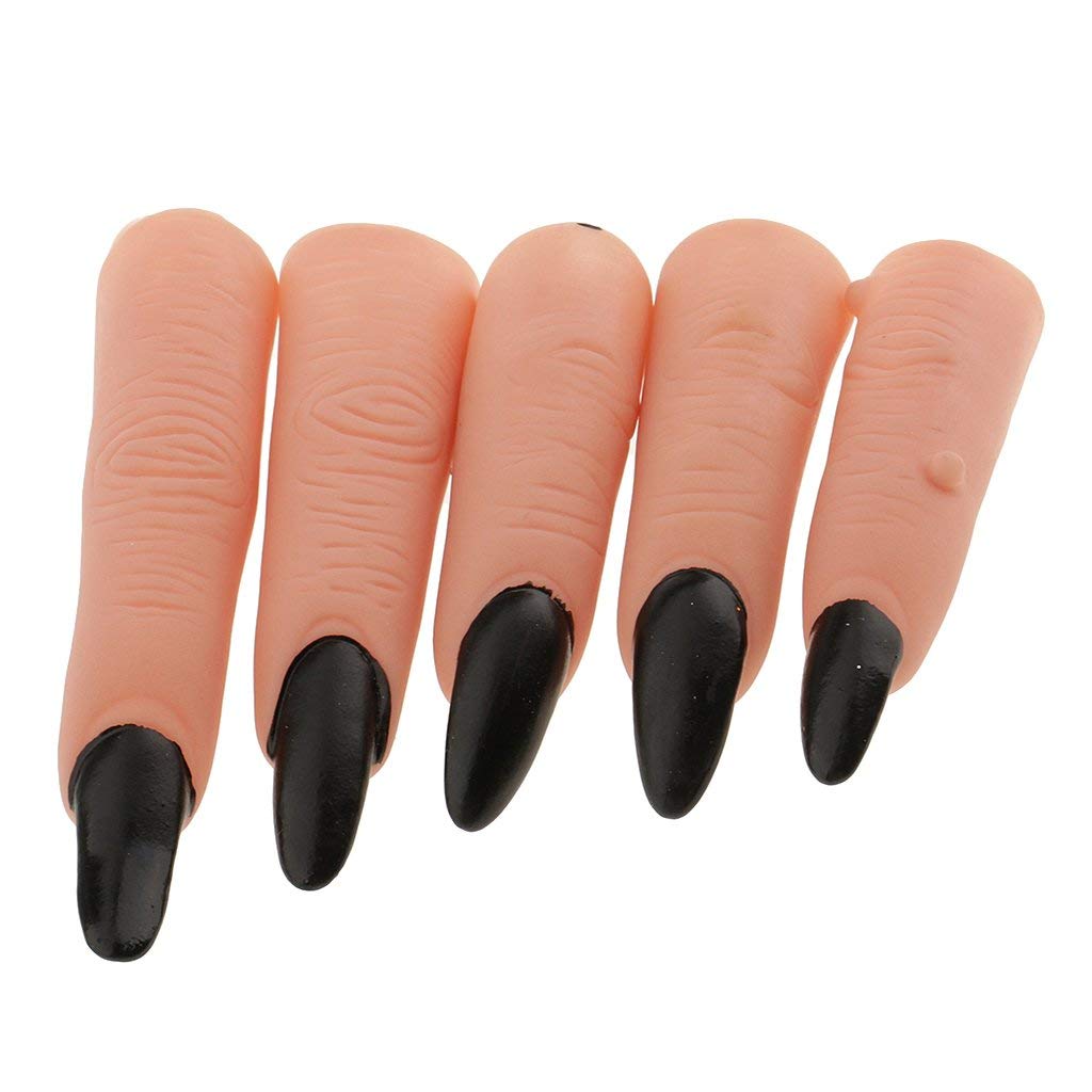 5pcs Fake Witch Nails - Halloween Zombie Ghost Monster Finger Claws for Costume Party, Cosplay & Scary Makeup - Black Halloween Nails for Witch, Vampire & Horror Theme Parties