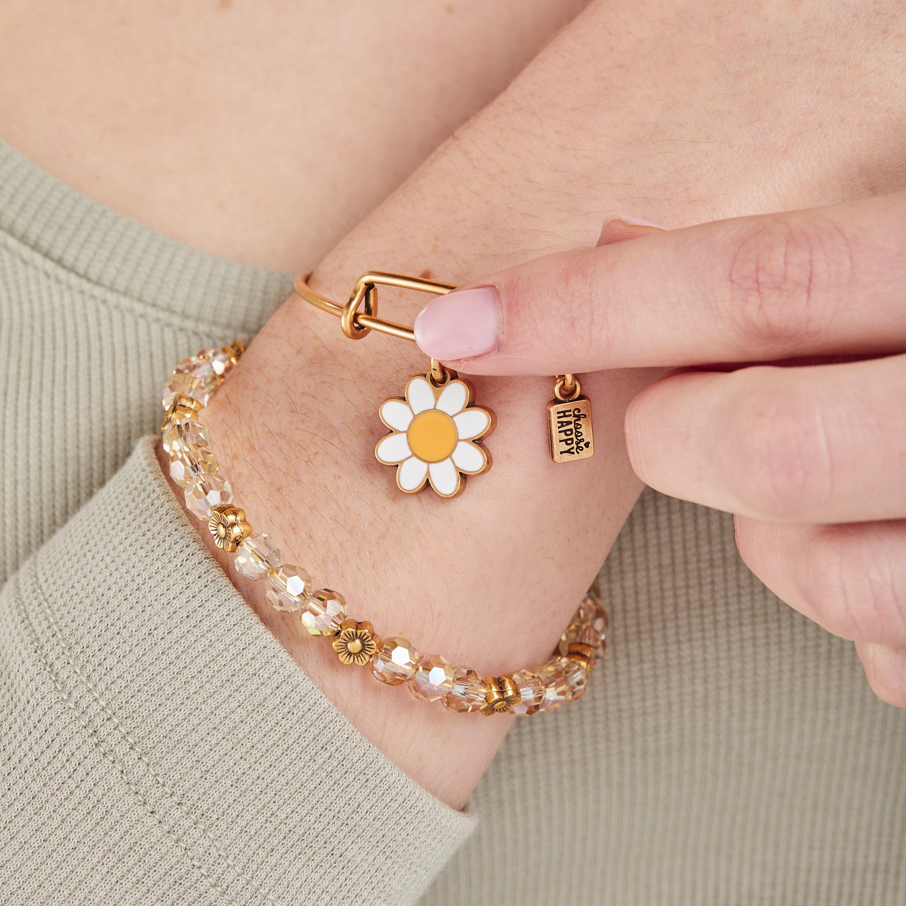 Choose Happy Daisy Charm Bangles - Set of 2 Adjustable Bracelets for Women, Trendy Floral Jewelry Gift for Her | Perfect for Everyday Wear, Parties & Special Occasions