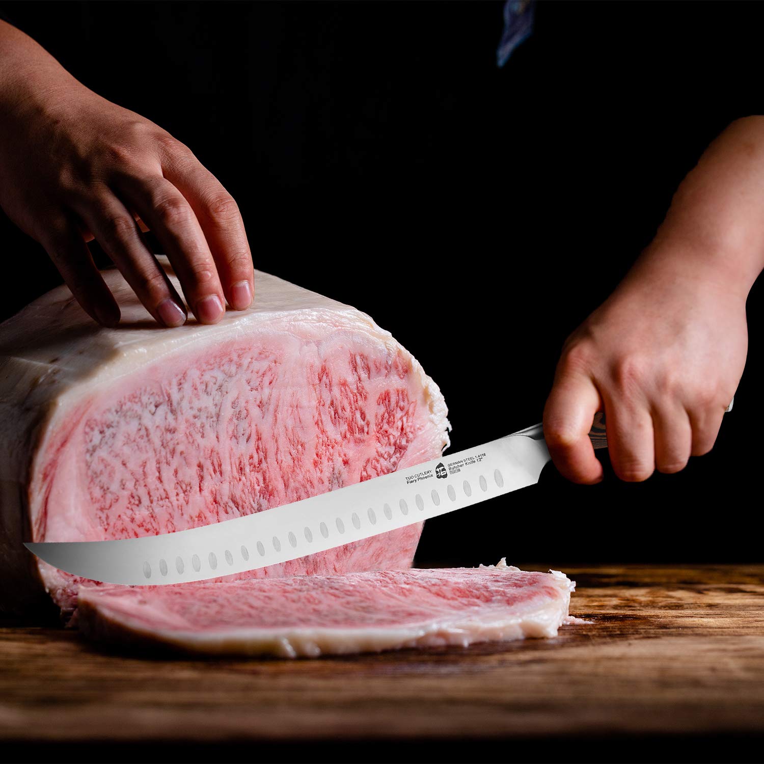 TUO 12-Inch Butcher Knife - German High Carbon Steel with Granton Edge for Effortless Meat Slicing - Curved Blade for Breaking, Carving & Chopping - Ergonomic Pakkawood Handle - Includes Gift Box (Perfect for BBQ, Butcher Shops & Home Kitchen Use)