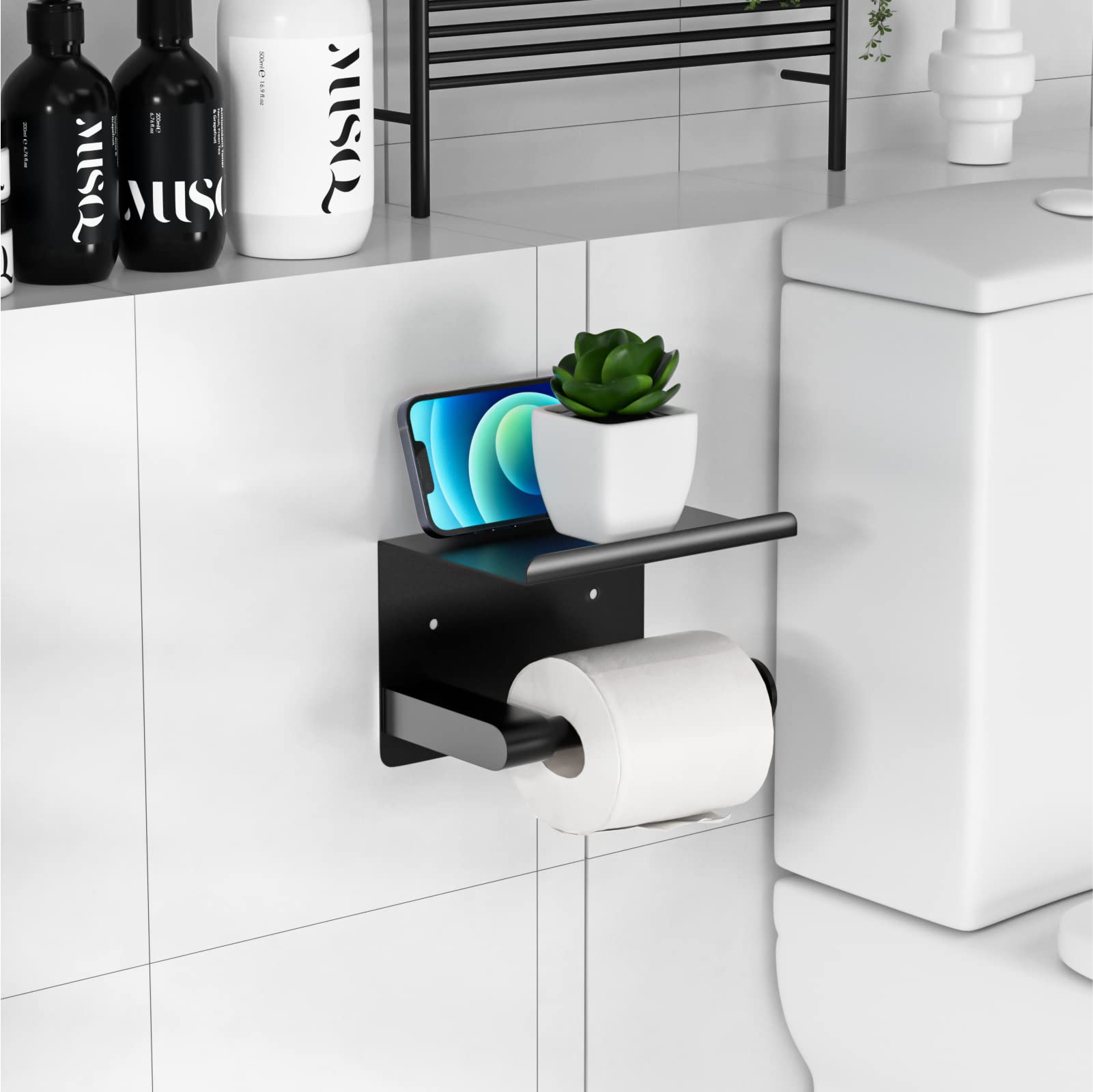 Stainless Steel Wall Mount Toilet Paper Holder with Shelf - Matte Black, Rustproof, Self-Adhesive - Fits Mega Rolls - Perfect for Modern Bathrooms & Powder Rooms