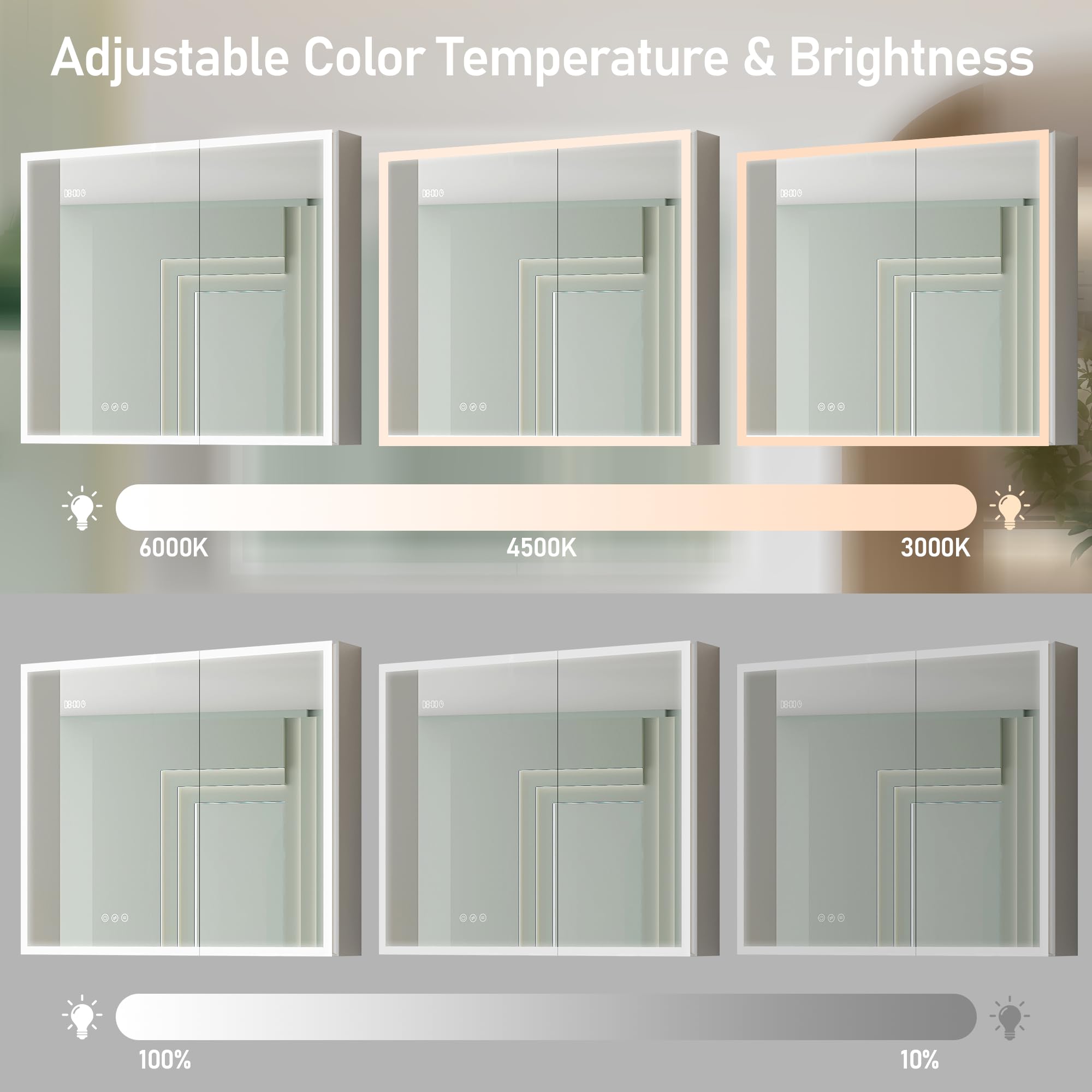 36 x 30 Inch LED Bathroom Medicine Cabinet with Anti-Fog Mirror - 3 Color Lighting, Adjustable Brightness, Time & Temperature Display - Surface Mount Touch Switch for Modern Bathrooms & Vanities