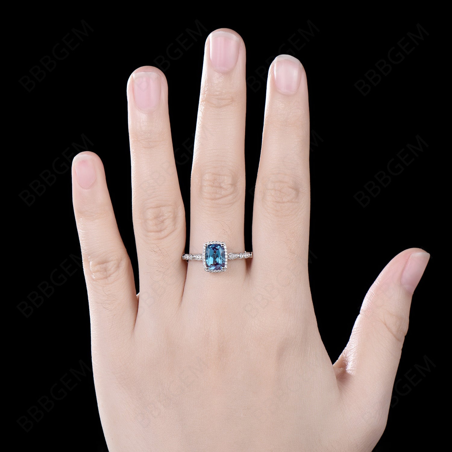 Stunning Cushion Cut Alexandrite Ring in Sterling Silver - Color Changing Gemstone Engagement Ring with Moissanite Halo & Antique Milgrain Detailing | Perfect for Weddings, Anniversaries & Special Occasions